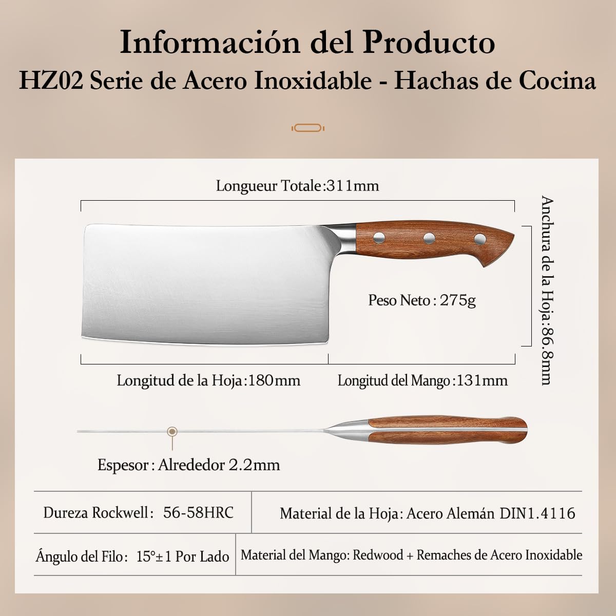 HEZHEN 18cm Cuchillo de Cocinero Chino Acero Alemán, Cuchillos de Carne Profesional, Cuchillos de Verdura y Fruta, Manico Ergonomico