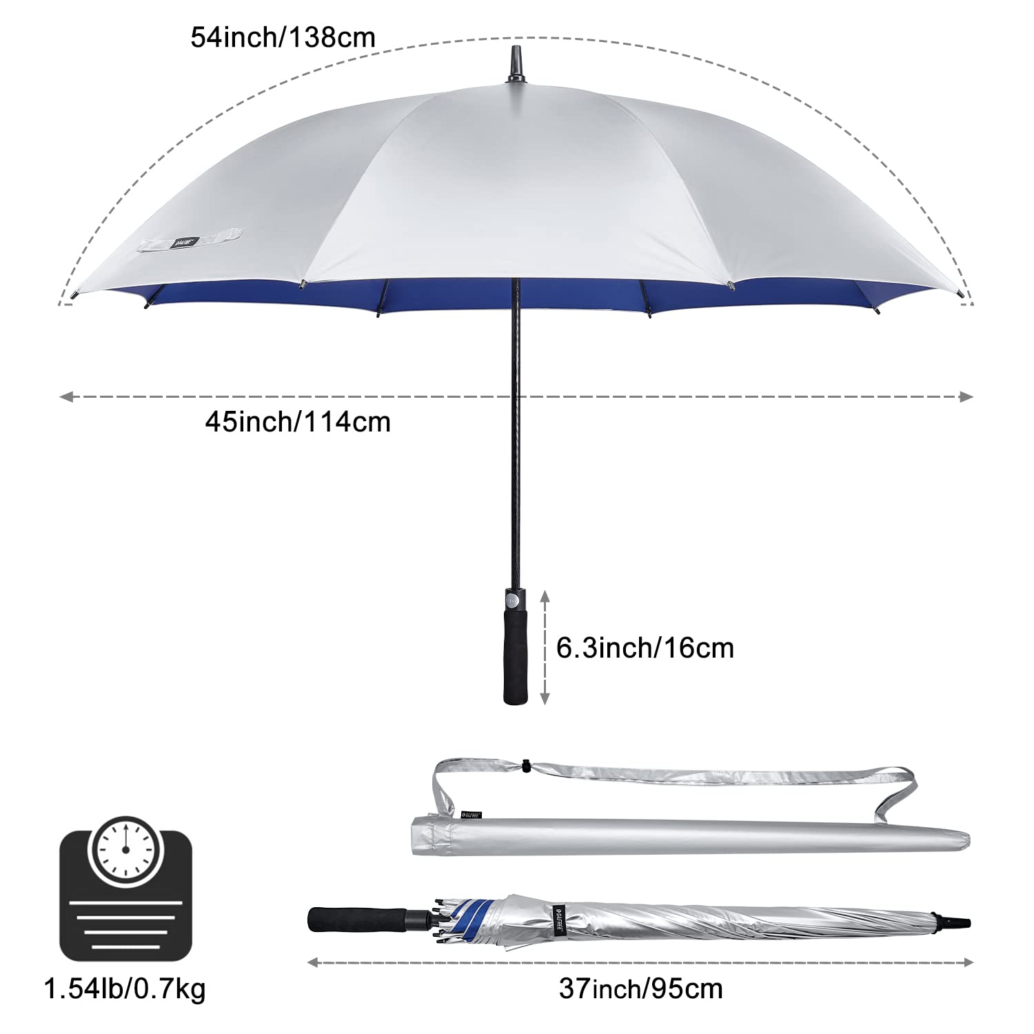 G4Free Paraguas de golf UV de 54/62 pulgadas, con revestimiento plateado, protección solar, toldo grande, resistente al viento, impermeable, automático, barra abierta