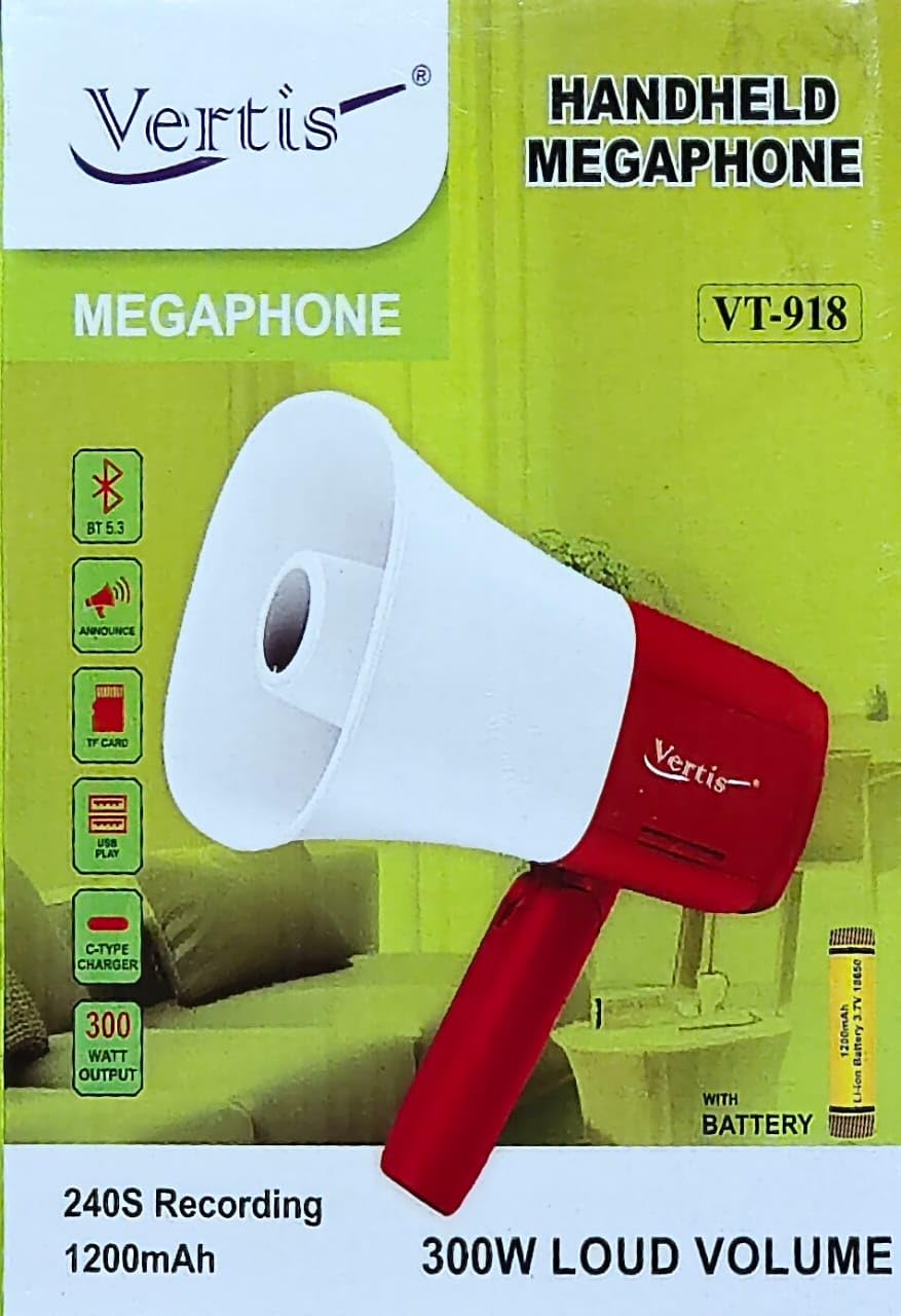 VERTIS Megaphone 300W Output Loud Volume 500mtrs, BT, USB Play, TF