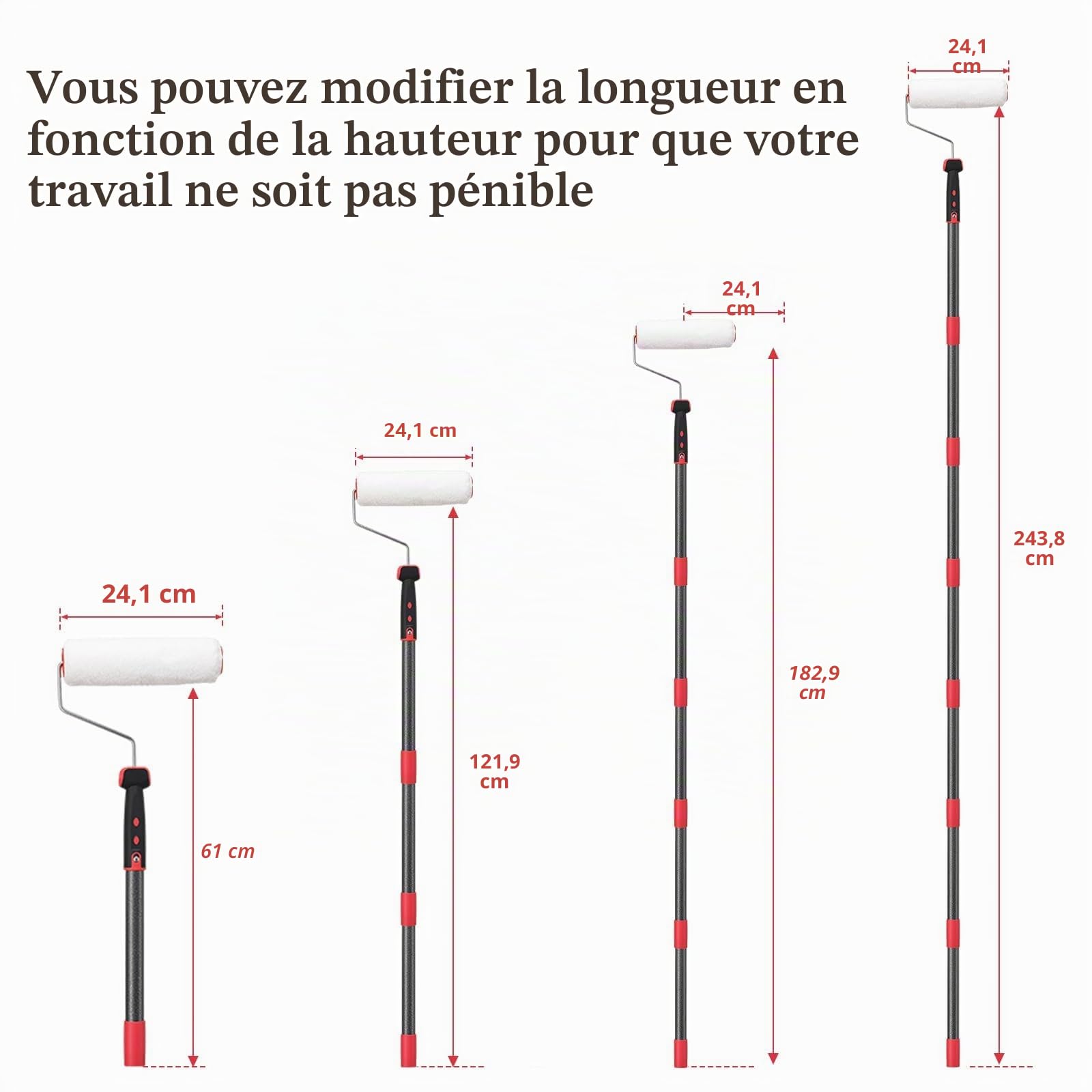 Rouleau de Peinture, 180 cm, Barre Télescopique, Rouleau de Peinture Multifonction, Kit avec Maison, Rouleau de Peinture en Acier Inoxydable, Pour Murs et Plafonds