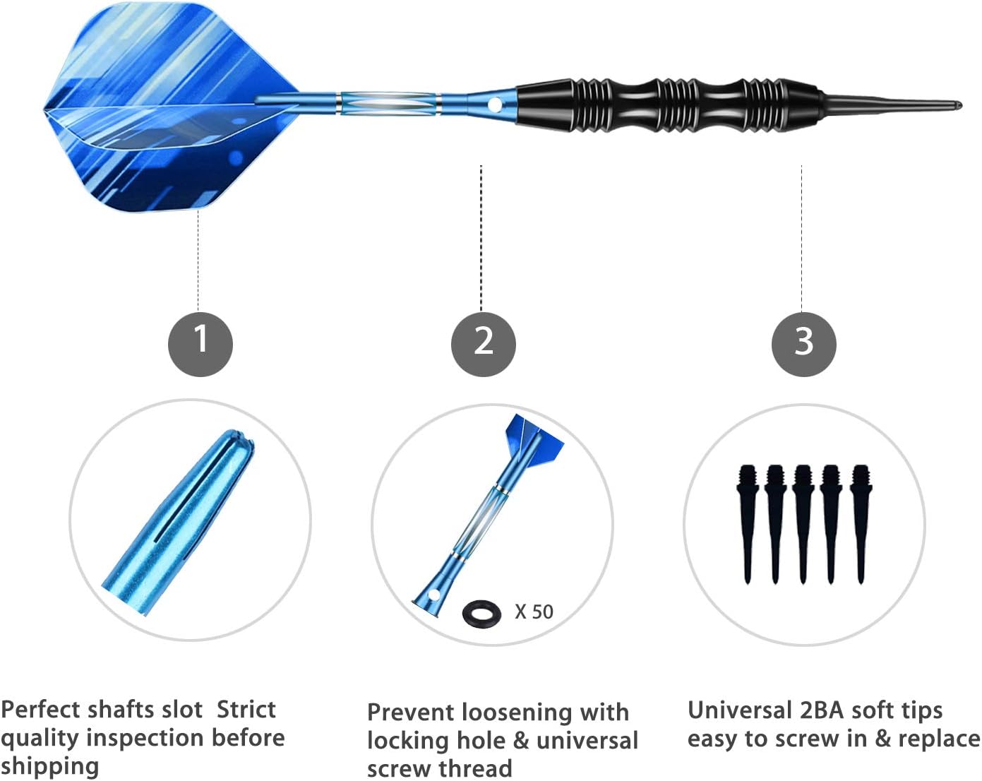 Professional Soft Tip Darts Set 20 Grams - 50 Rubber O-Rings + 30 Darts Plastic Tip + Aluminum Shafts + 6 Standard Flights + Portable Case for Electronic Dart Board