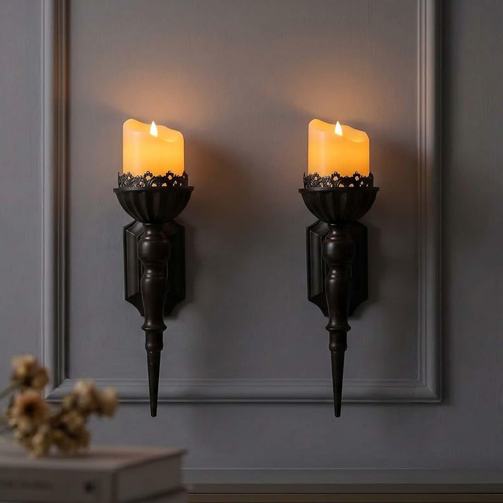 Birminwind - Set of 2 Black Gothic Metal Candlesticks Wall Mounted for Living Room Bathroom Dining Room