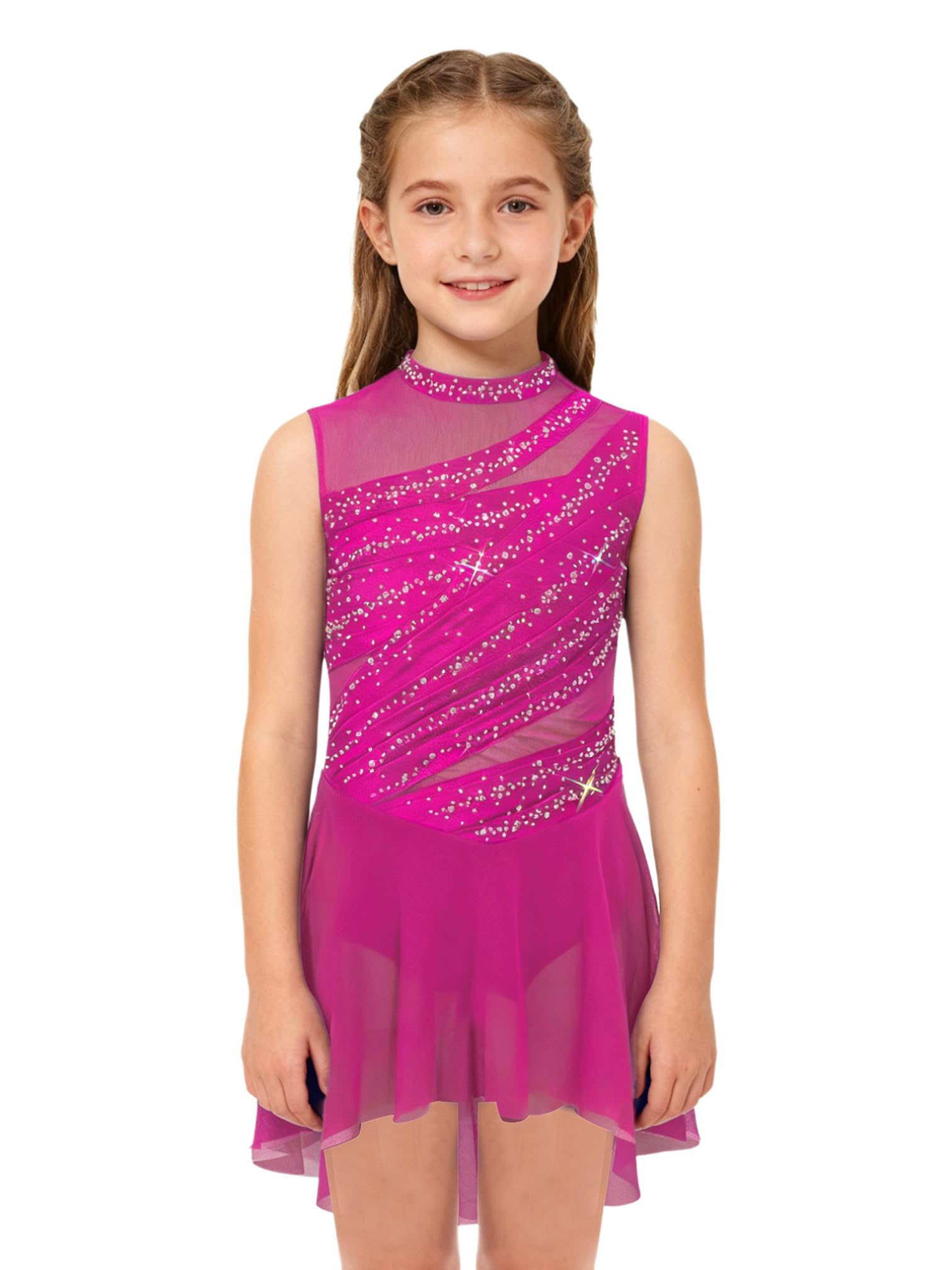 Agoky Mädchen Ärmellose Eiskunstlauf Kleider Rollkragen Tanzkleid Swing Rock Gerafft Ballettkleider Strassstein Ballettkleidung