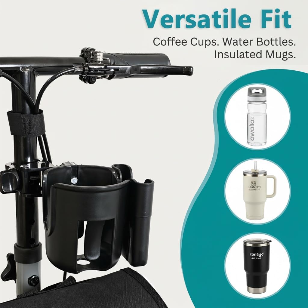Adjustable Cup Holder with Phone Mount – Fits Wheelchairs, Rollators, Scooters, Bikes, Strollers | 360° Rotatable Clip