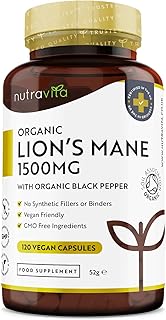 Organic Lions Mane Mushroom 1500mg - 120 High Strength Vegan Capsules (Not Powder) - Lions Mane Supplement with Organic Black Pepper - Made in The UK by Nutravita
