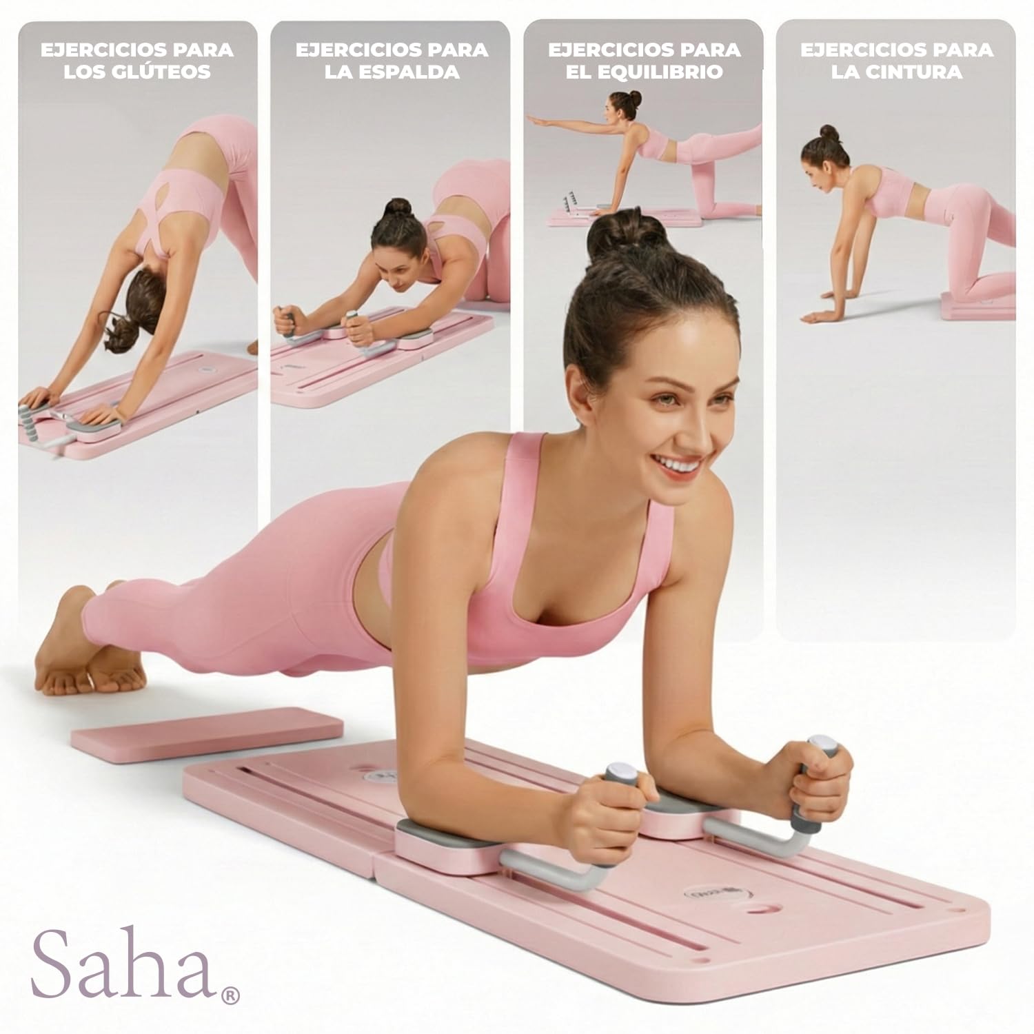 Saha® Tabla Pilates Reformer Rosa | Aparato Abdominales Fitness Casa con Bandas de Resistencia, Asas y Temporizador | Yoga Core Entrenamiento Cuerpo Completo | Original Corner