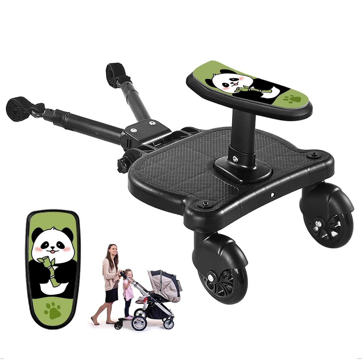 Pedana Passeggino Universale con Sellino,Tavolette Portatili per Passeggini Adatto al 99% dei passeggini, Design a Due Ruote a 360°, Sopportare un peso di 25 kg (Ruote nere)