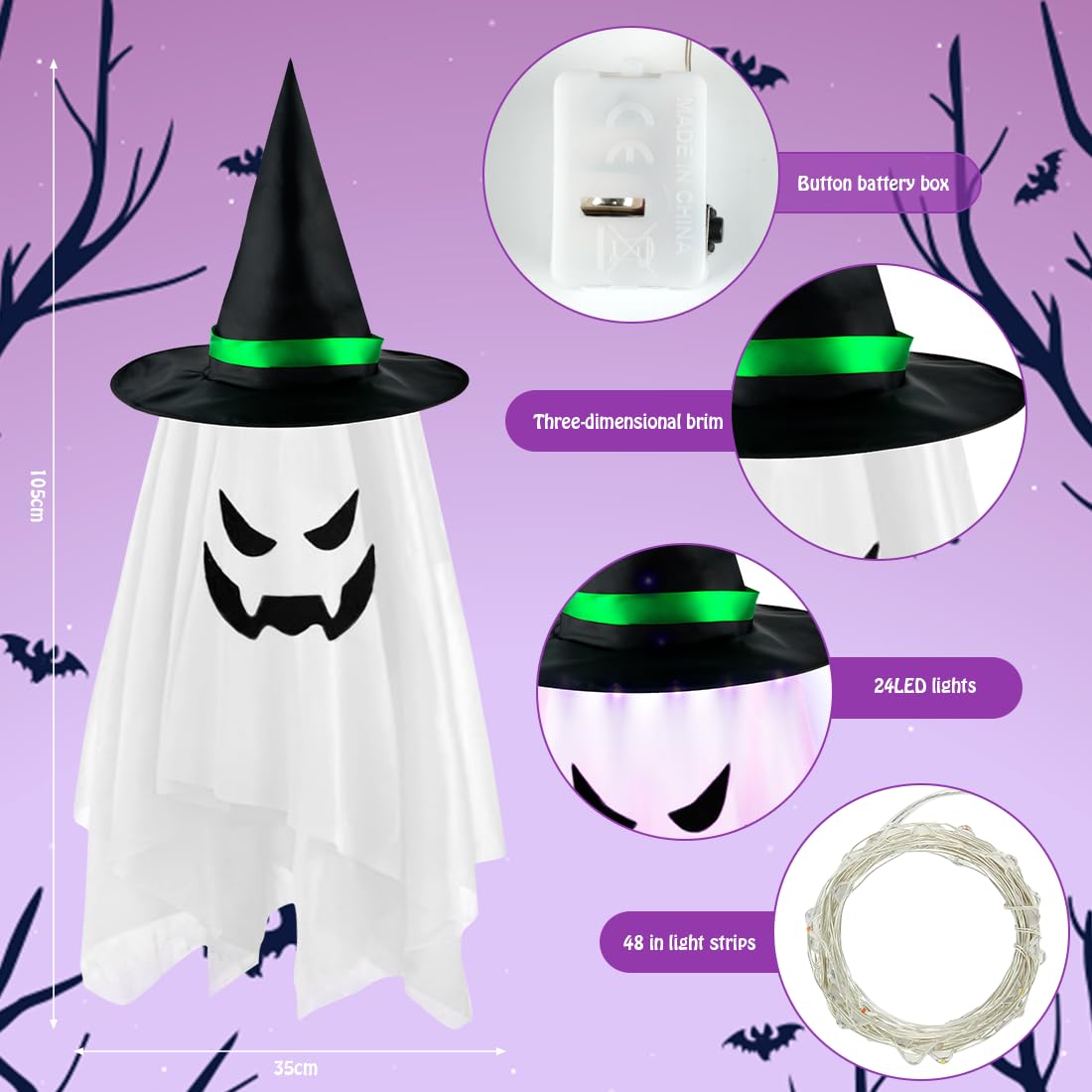 Lot De 5 Fantômes Suspendus Avec Chapeaux De Sorcière - Guirlande Lumineuse Halloween à Piles LED, Décor Extérieur Et Intérieur