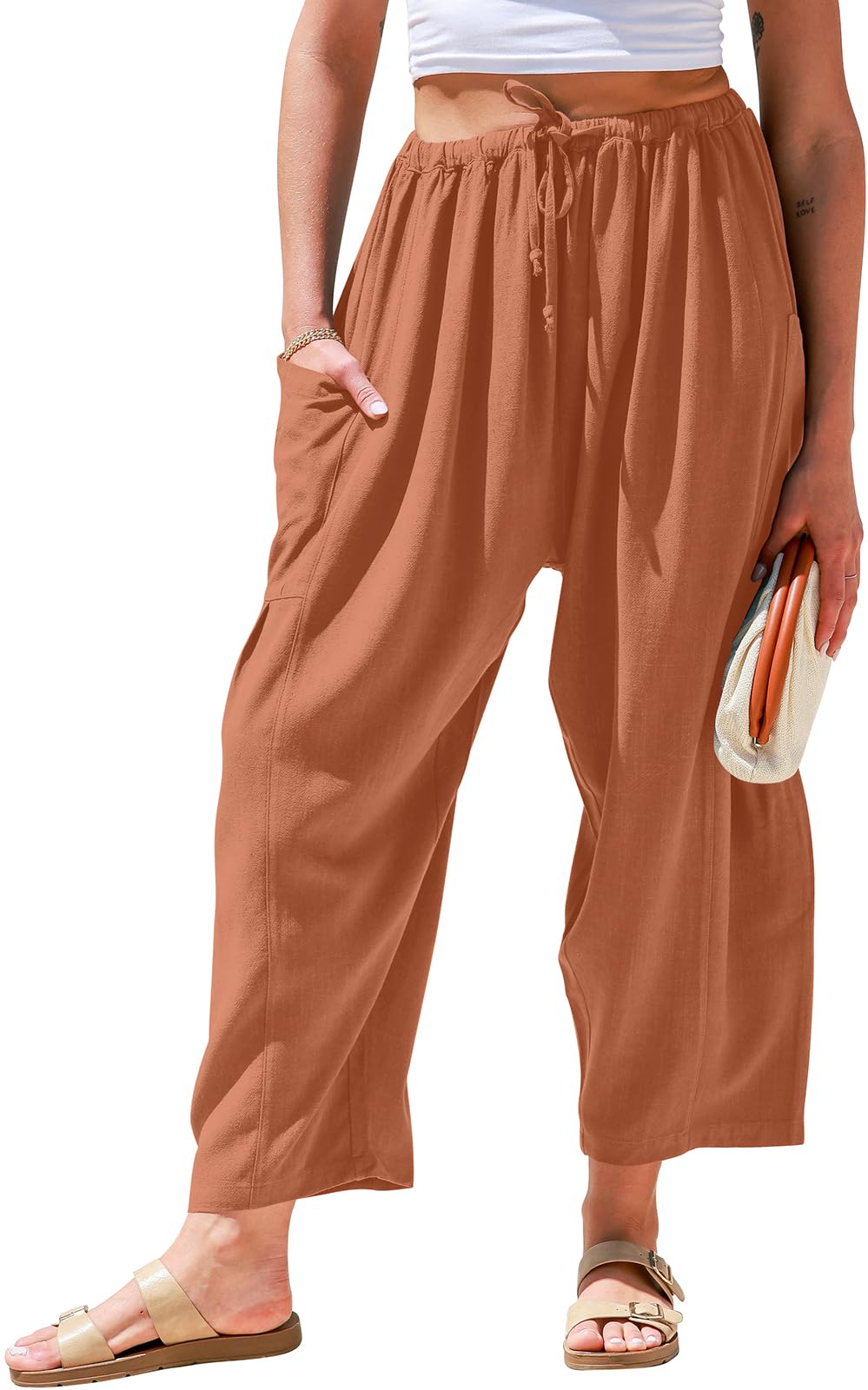TARSE Womens Linen Wide Leg Pants Casual Loose Drawstring Summer Beach Travel Vacation Palazzo Harem Pants with Pockets