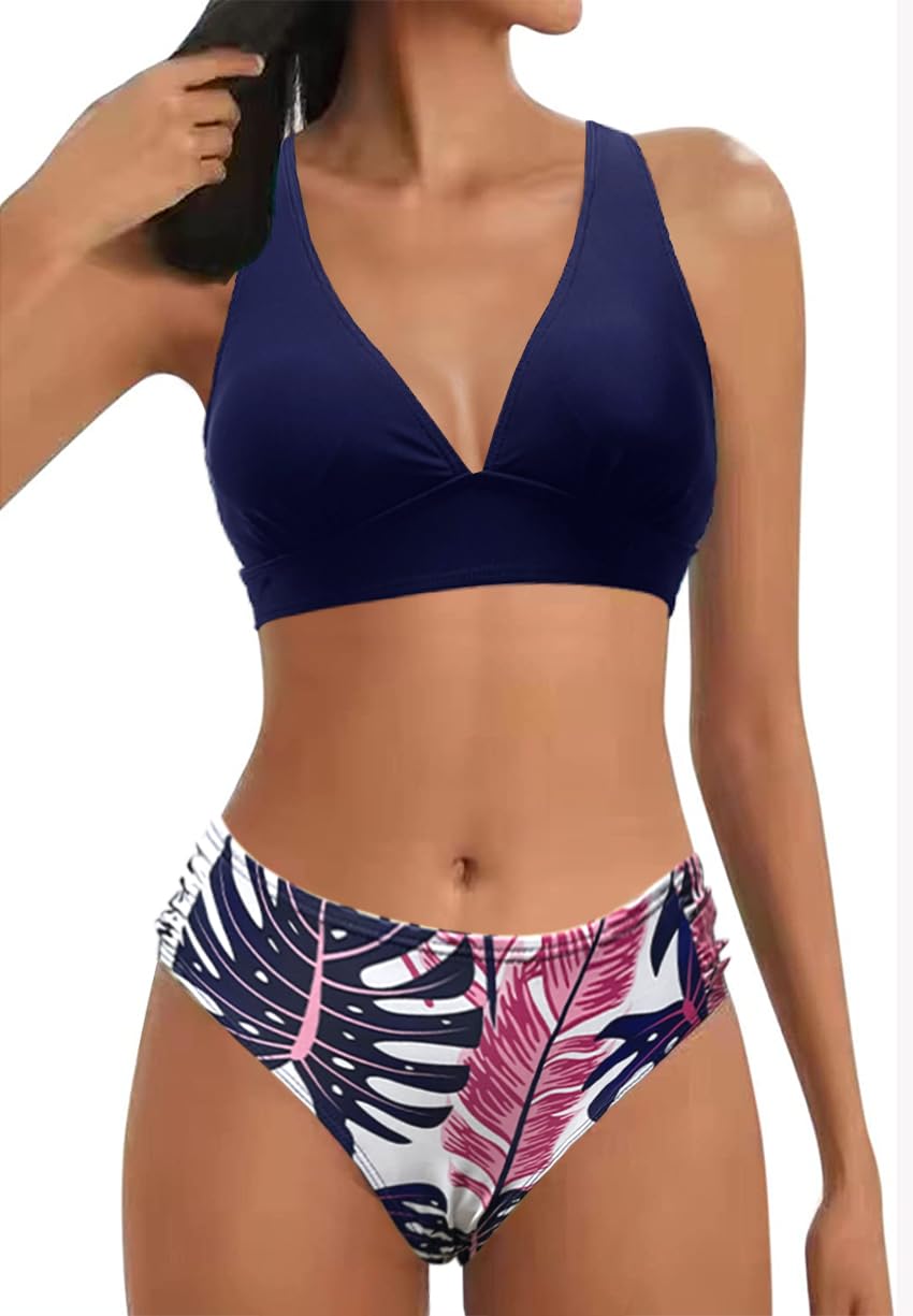 Mujer Traje de Baño de Dos Piezas Push-up Cuello en V Bañador Cintura Media Correas Laterales del Bikini Set Estampado Ropa de Playa Traje de Baño