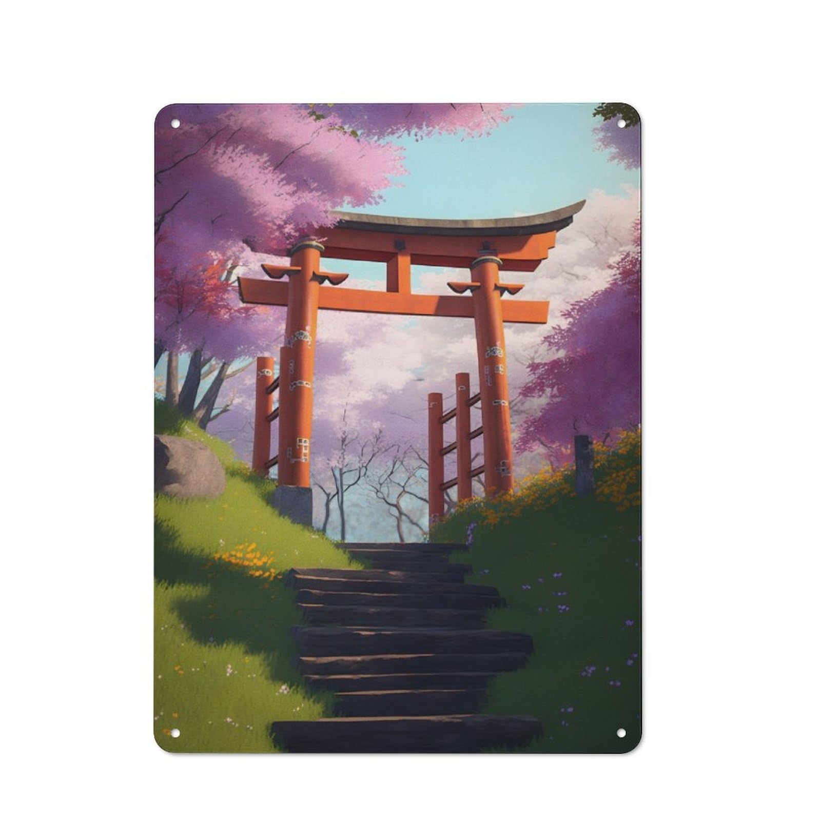 Junmoney Torii Gate In Spring Rustic Metal Sign 40X30cm Featuring For Hallway Wall, For Collectors Decorating Hallways And Entrance Areas