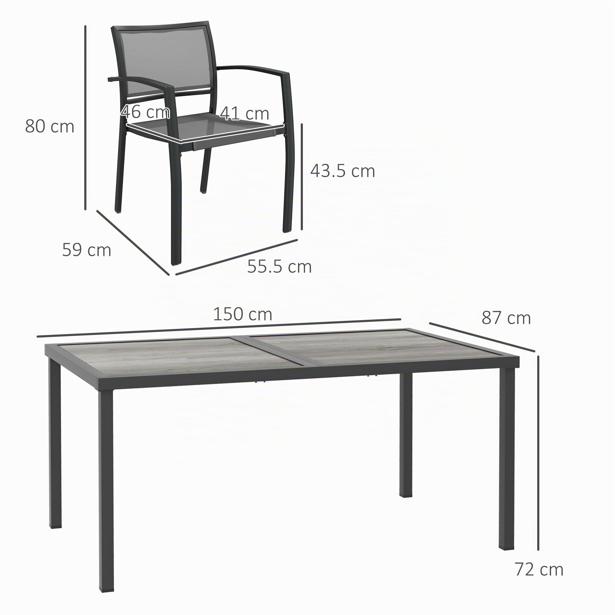 Outsunny Set Tavolo da Giardino con Sedie da 7 Pezzi Set da Pranzo Grigio | Tavolo con Piano in Plastica Effetto Legno, 6 Sedie da Esterno Impilabili con Braccioli, Mobili in Acciaio