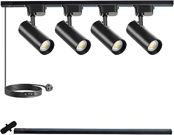 Black J&L Track Lighting Kit, 4 Track Lights 6000K 25W 2700lm Energy Saving Super-Bright Dimmable Spotlight with 1M Track Rail, Cool White Adjustable Angle Light Heads [Energy Class D]