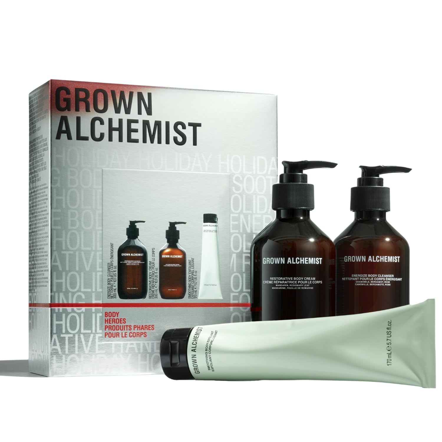 Grown Alchemist Body Heroes Kit: Natural Smoothing Exfoliant, Energize Cleanser & Restorative Cream - Head-to-Toe Skincare Essentials