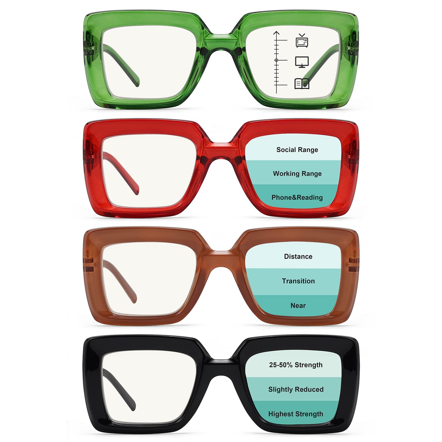 Reducblu 4 Pack Progressive Multifocus Reading Glasses for Women - Blue Light Blocking Readers