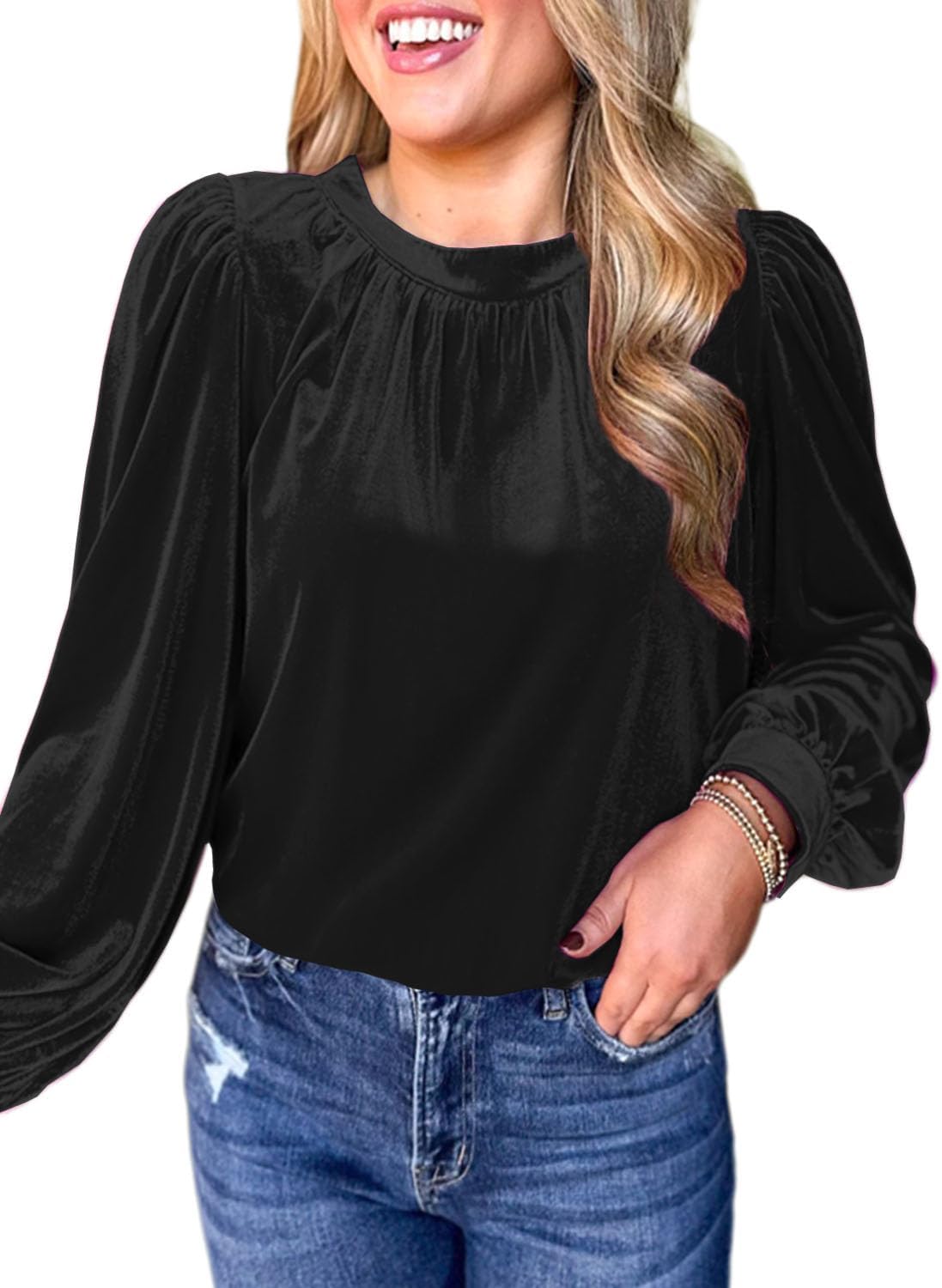 Womens Puff Long Sleeve Velvet Tops Fall Winter Trendy Dressy Cute Elegant Ruched Holiday Tunic Shirts