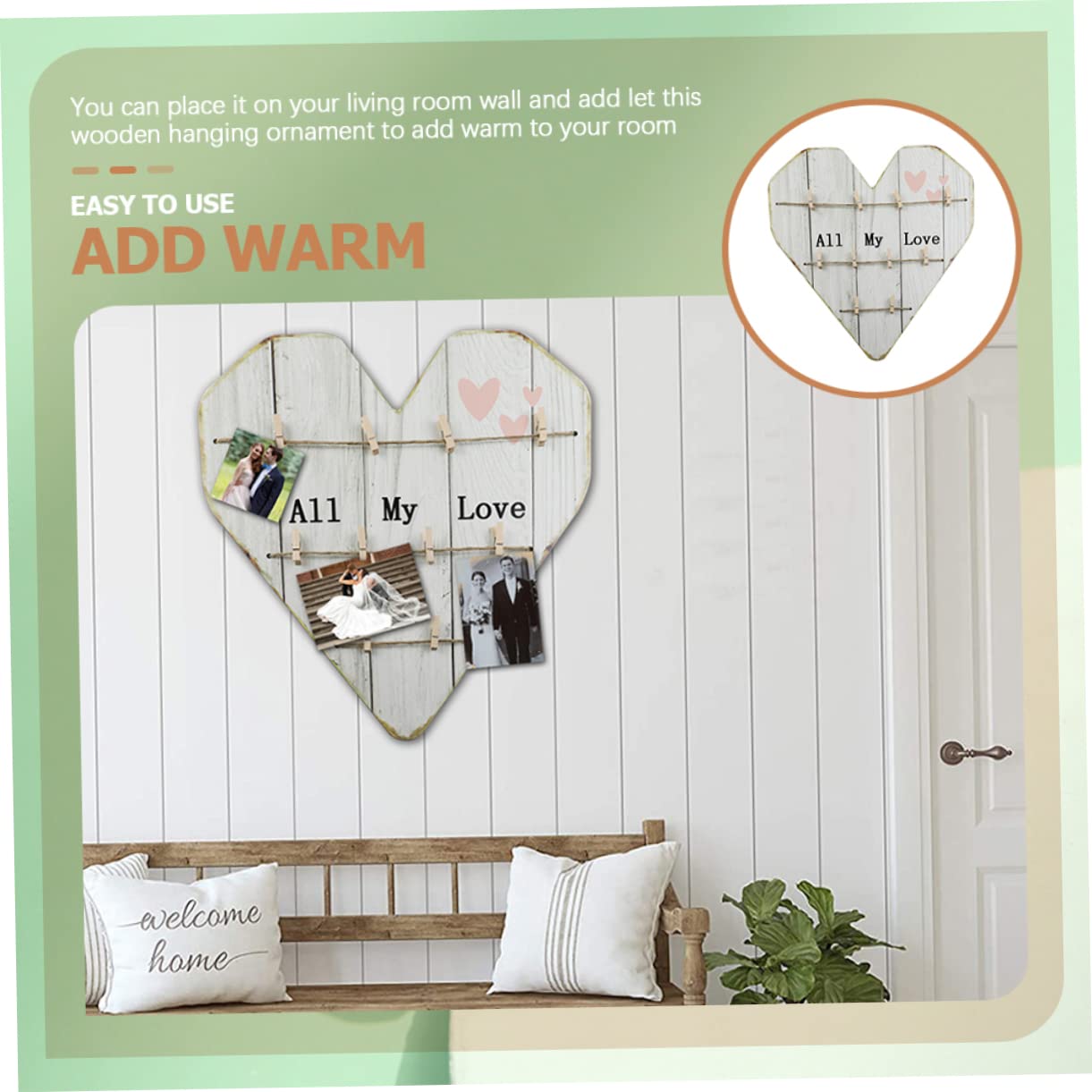Abaodam Decorazione Murale Fotografica in Legno a Forma di Cuore, Stile Rustico, per Matrimonio e Casa, Beige, per Natale e Capodanno