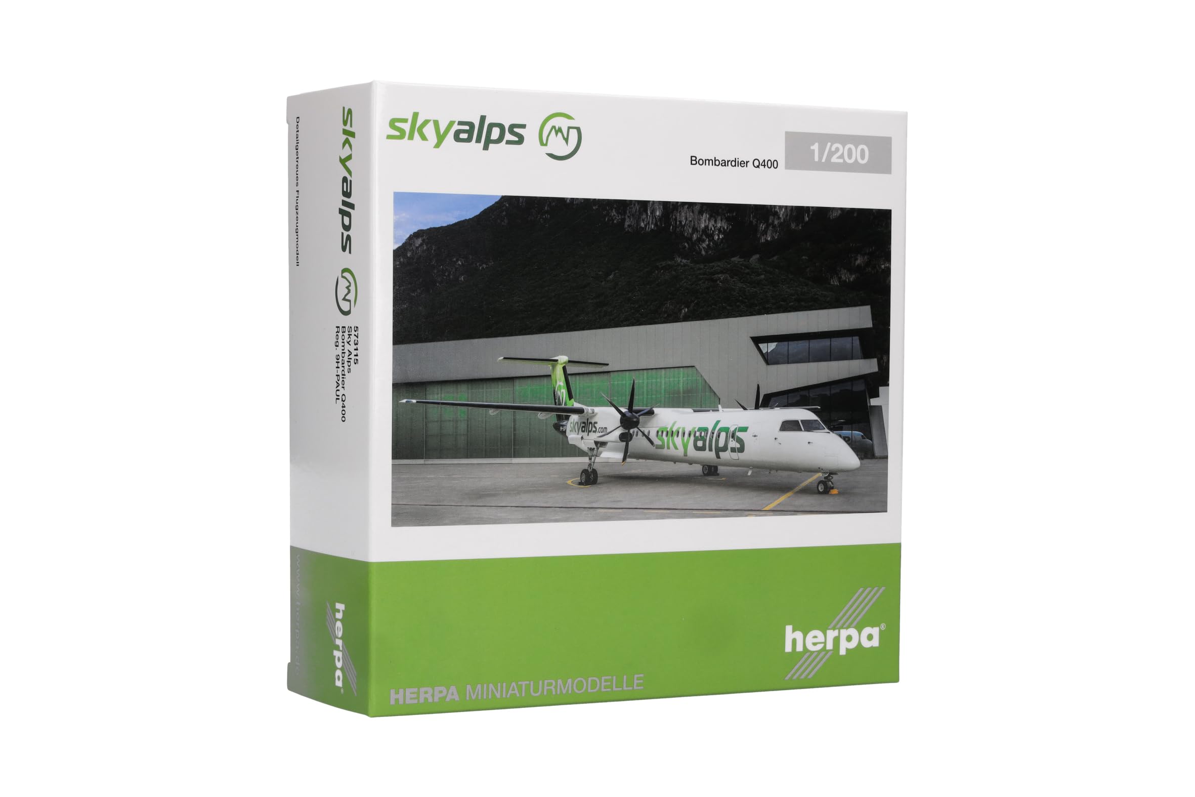 herpa Modellino aereo Sky Alps Bombardier Q400, miniatura in scala 1:200, pezzo da collezione, modello senza supporto, metallo