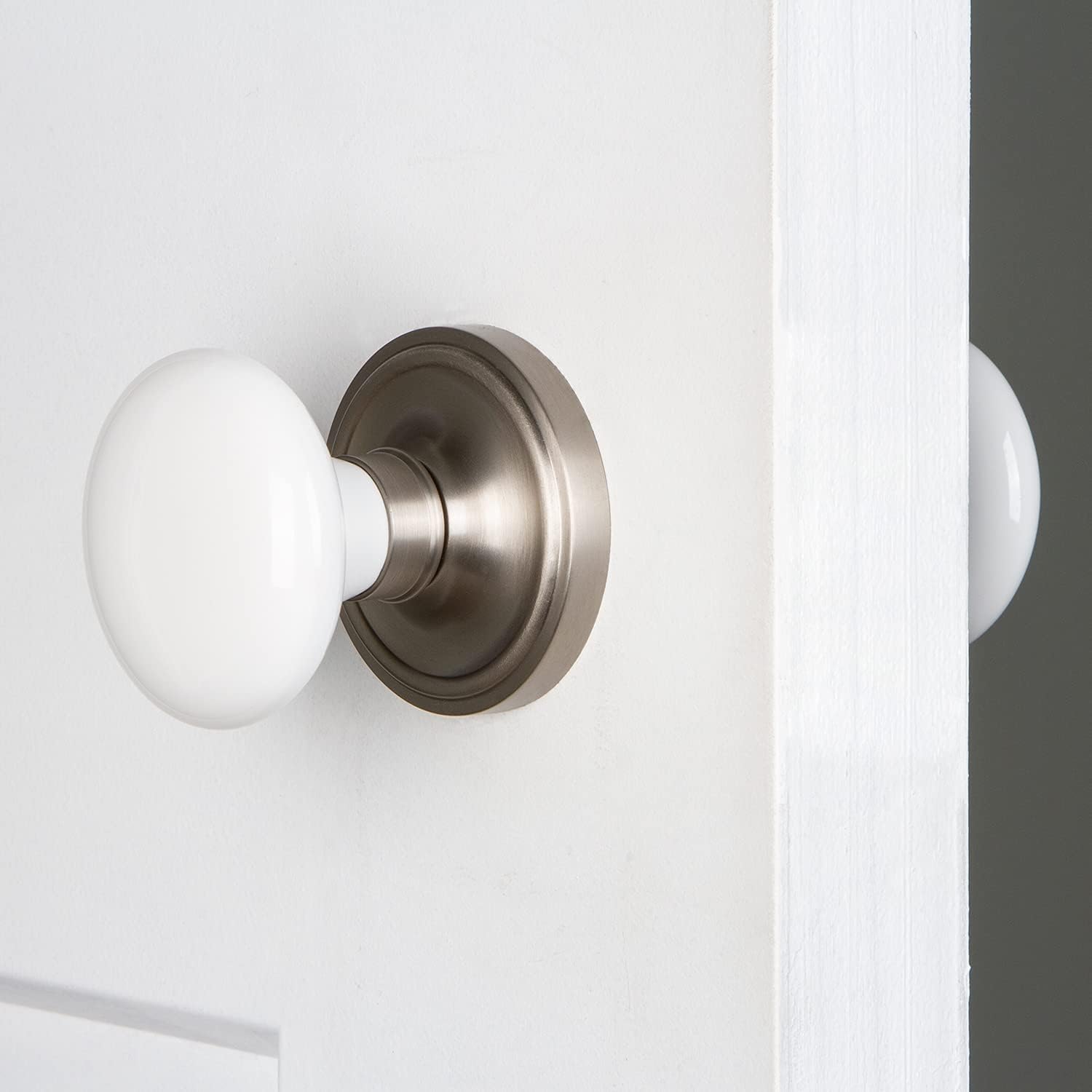 Super Big Clearance! Nostalgic Warehouse Classic Rosette with White Porcelain Door Knob, Double Dummy, Satin Nickel Exclusive Discount 50% Price Nostalgic Warehouse Classic Rosette with White Porcelain Door Knob, Double Dummy, Satin Nickel