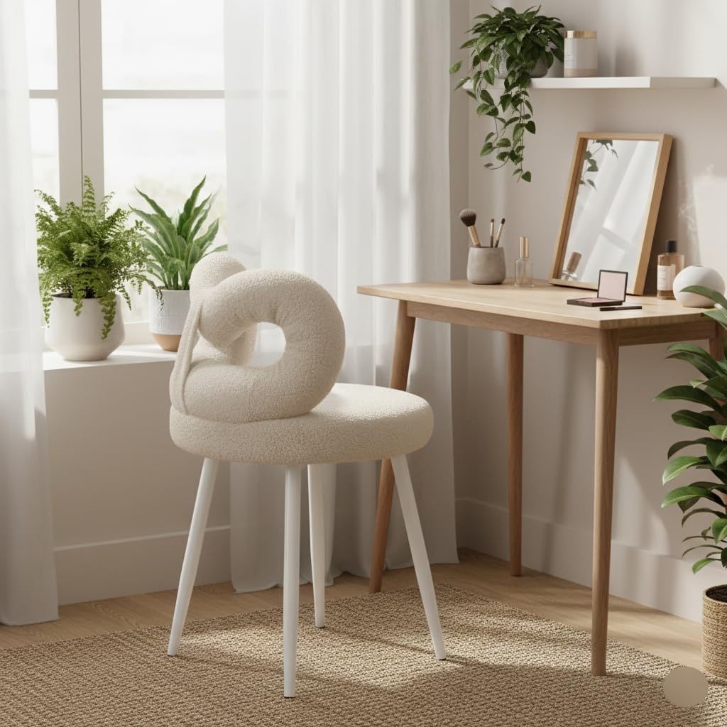 Tabouret de maquillage, dossier élégant en forme d'arc, siège rembourré en fausse laine douce, pieds en acier au carbone antidérapants, capacité de charge maximale de 150 kg, chaise de