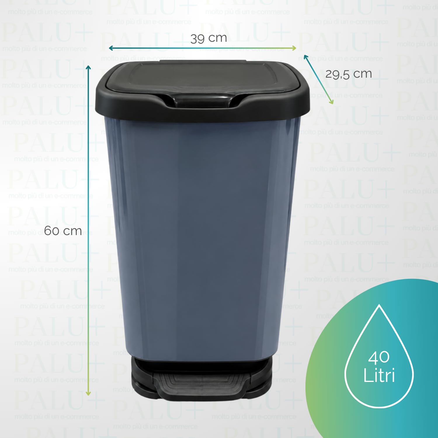 PALUPLUS Pattumiera da Cucina in Plastica Effetto Acciaio, Misura 39x29,5x63 cm, Pedale per Apertura Automatica e Chiusura Rallentata, Coperchio Anti Odori con Fermasacco -1061C -3,2 (40 Litri)