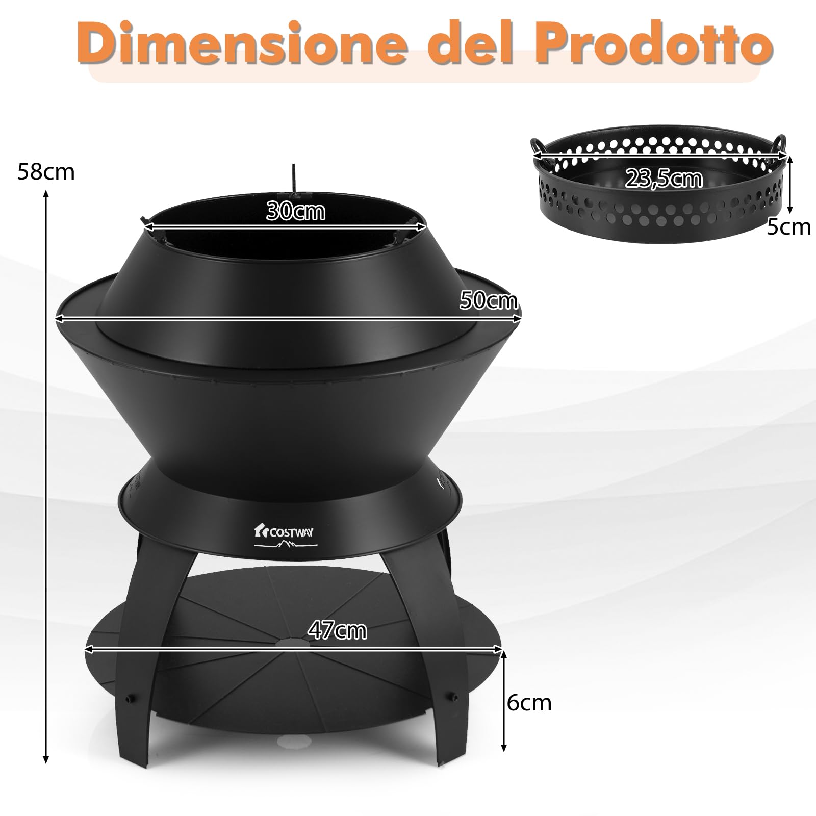 GYMAX Focolare per Esterni Senza Fumo da 50 cm, con Vassoio per Cenere e Anello per Pentola Rimovibile, Braciere da Giardino Campeggio 3 in 1 per Barbecue Cortile