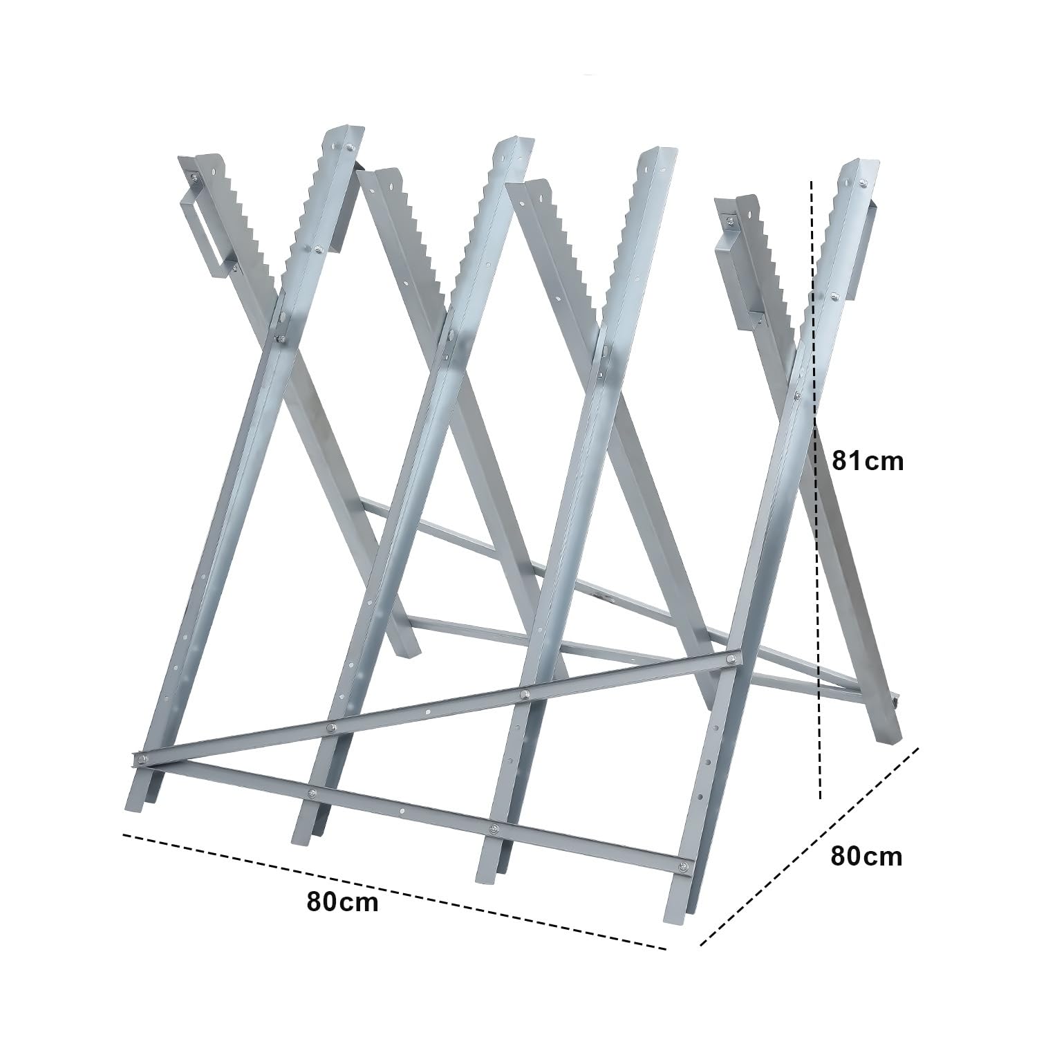 Robusto supporto per sega per legno in acciaio con 4 supporti dentati, zincato, pieghevole, portata fino a 150 kg, supporto per sega a catena, pieghevole per tronchi fino a Ø 23 cm
