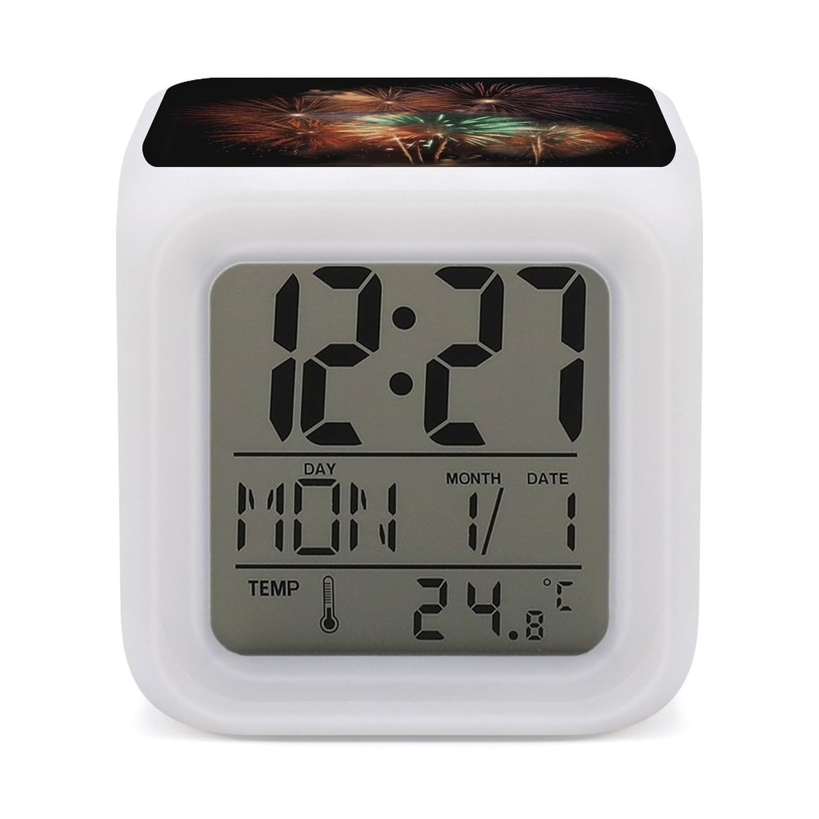 7 Color Ambient Night Light Cube Battery Operated Splendid Fireworks Digital Clock with Snooze Temperature LED Digital Alarm Clocks Dimmable Wake Up Light Portable Mood Lamp for Bedroom Desk Gift