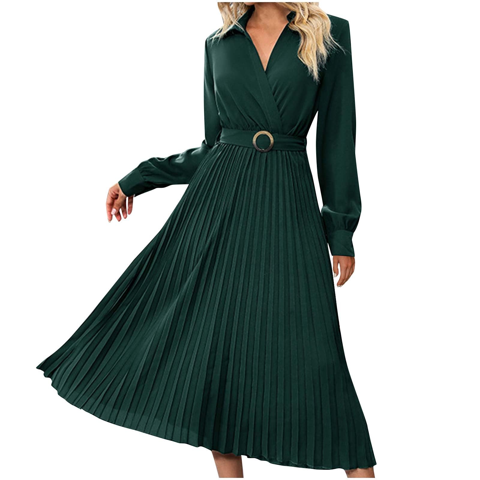 NATHGAM Womens Pleated Shirt Dress Elegant Wrap Long Sleeve A-Line Midi Dresses Ladies Business Office Dressy Dress with