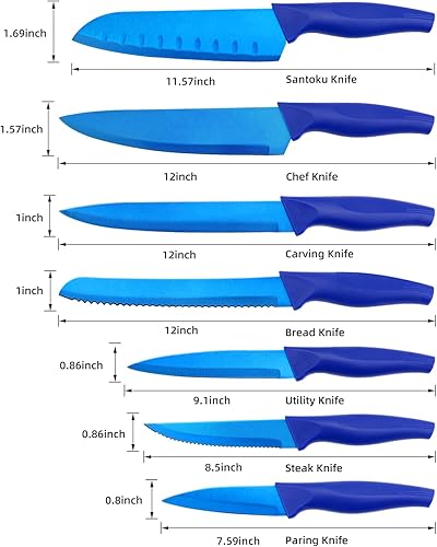 Miniatura 5 de LIFVCNT Juego de cuchillos de cocina profesionales azules de 7 piezas, juego de cuchillos de carne dentados, juego de cuchillos de chef de acero