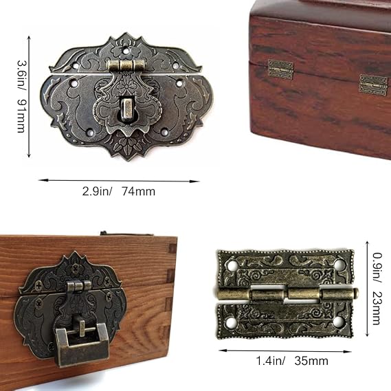Jewelry Box Antique Lock Latch Hasp Hinges Handle Box Corner Protectors Kit for DIY Jewelry Box Bronze, Box not Included