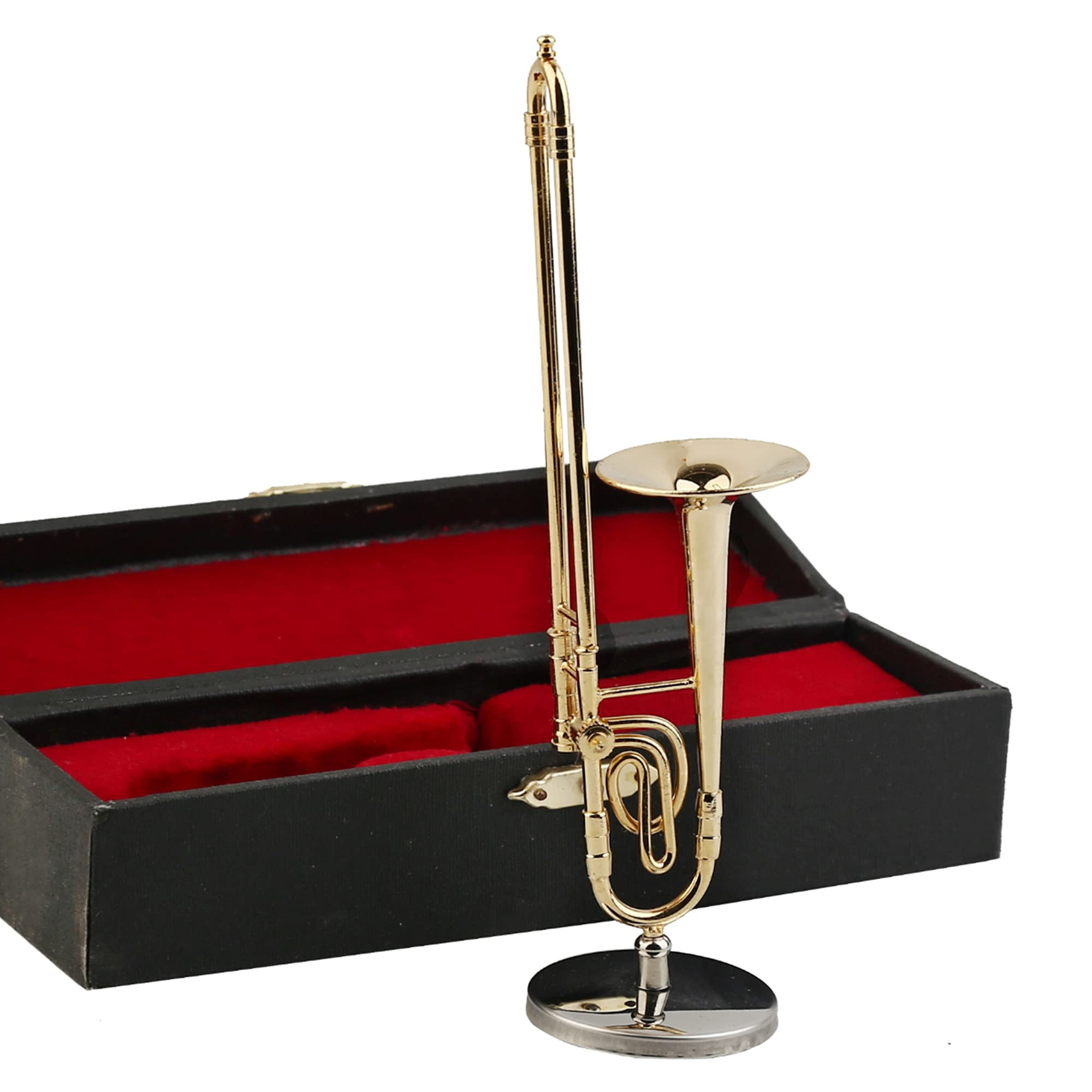 Miniature Trombone Replica With Stand & Case - Brass Gold-Plated, 5.91x1.30 Inches, Collectible Display Ornament