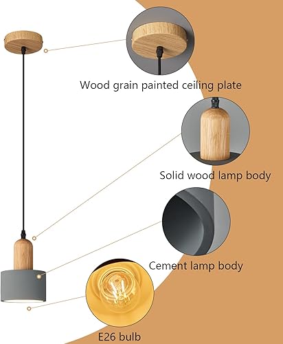 Miniatura 6 de Lámparas colgantes modernas de cemento gris, lámparas de techo de madera para cocina, isla, dormitorio, comedor, sala de estar, bar (paquete de 3)