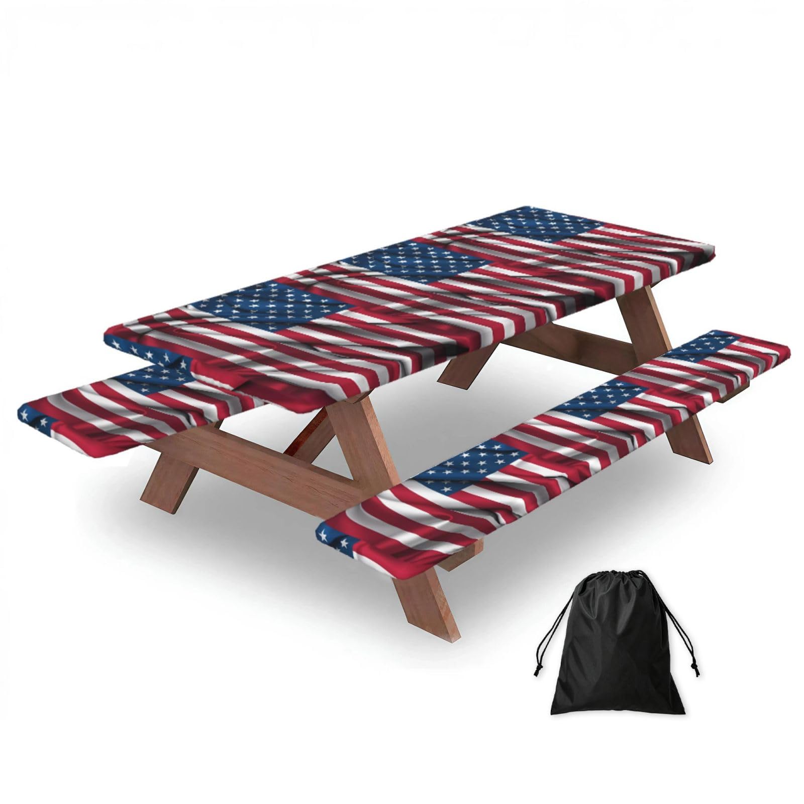 Hhbiuuo Black 72In Camping Table Cover & Bench Covers 3-Pack Set, American Flag Print Tablecloths, For Rectangle Tables Picnic