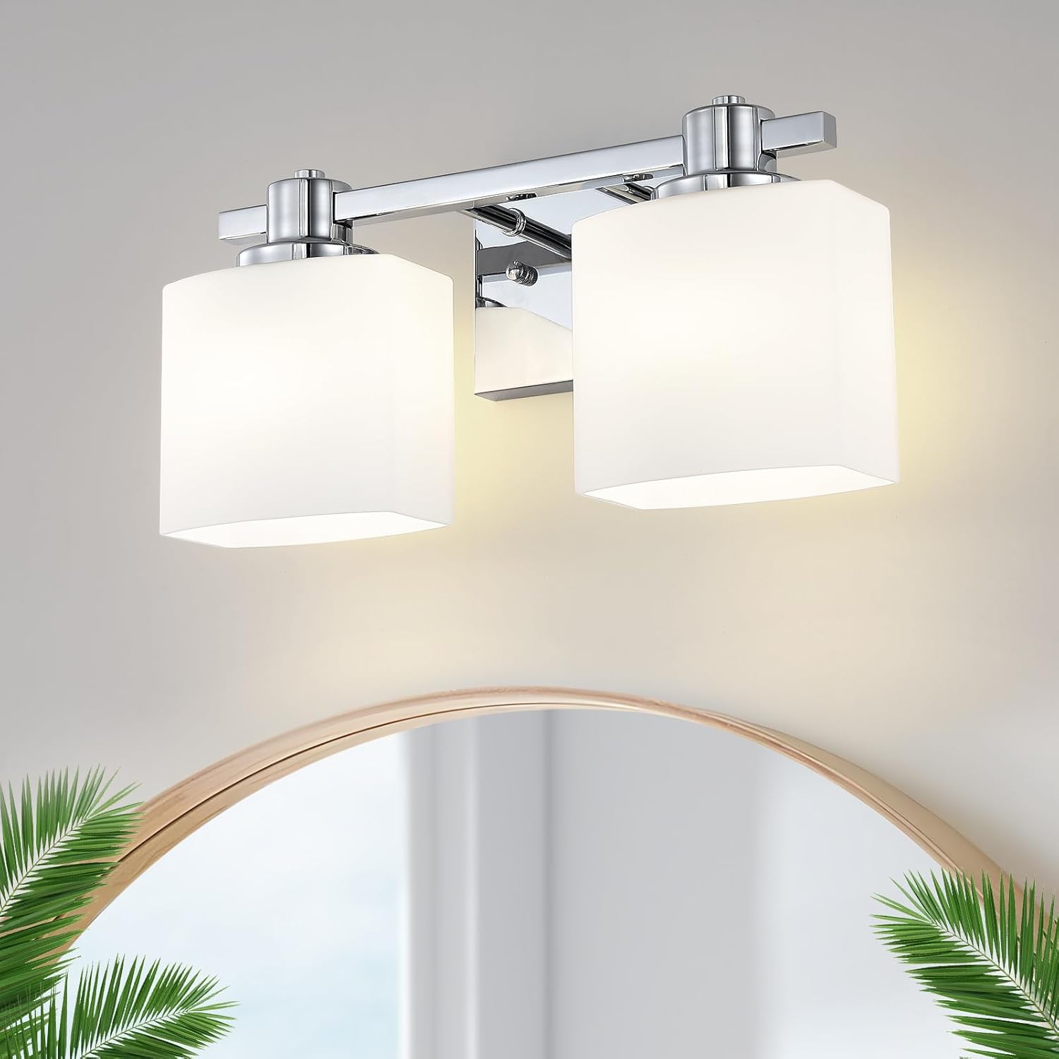 15.5 Inch Chrome Bathroom Vanity Light – 2 Light Milk Glass Shade