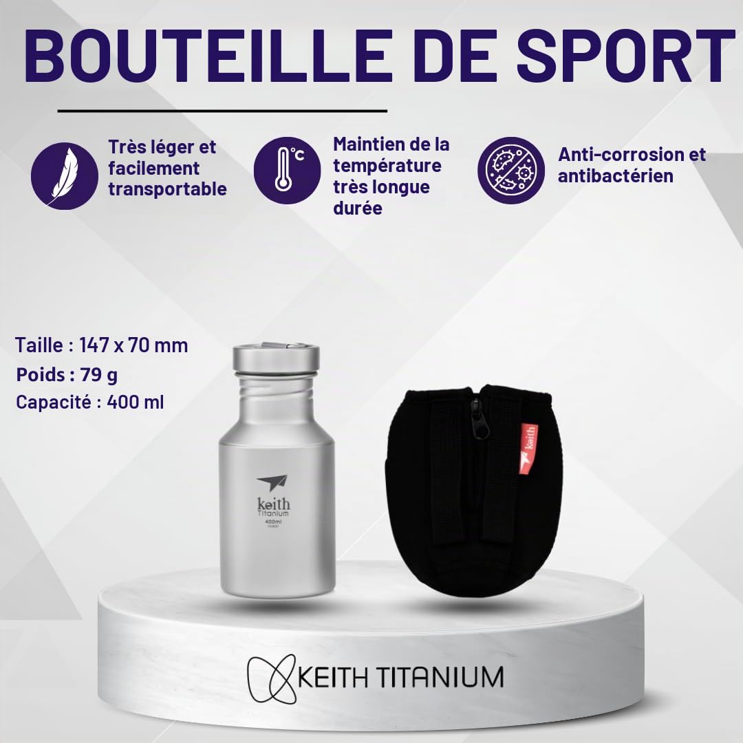 Keith Bouteille d'Eau en Titane Avec Bouchon à Baïonnette, Ti3032, 400ml – Gourde de Voyage Pour Eau, Thé et Café, Idéale Pour l’Hydratation en Plein Air, Camping et Randonnée (18.0x9.2x7.3)