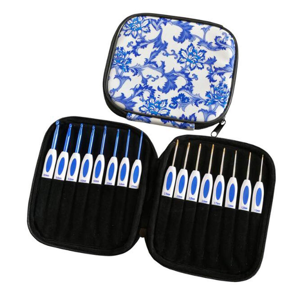 VOANZO 16pcs Ergonomic Crochet Hooks Set with Case, Blue and White Porcelain Knitting Needles Plastic Handle Grip DIY Craft Weaving Tool (Crochet Hooks Set with case)