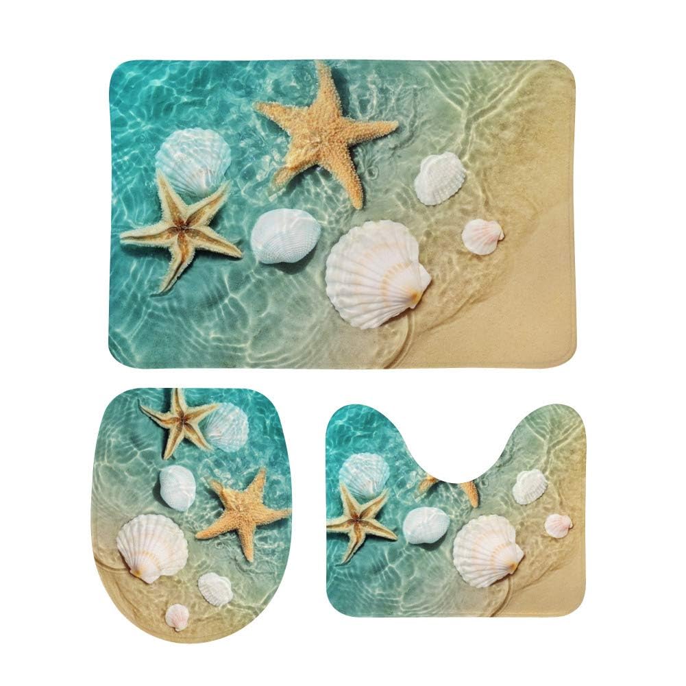 Snner 3pcs Bathroom Rug Set Starfish Seashell Beach Contour Mat Toilet Lid Cover Non-Slip Bath Mat
