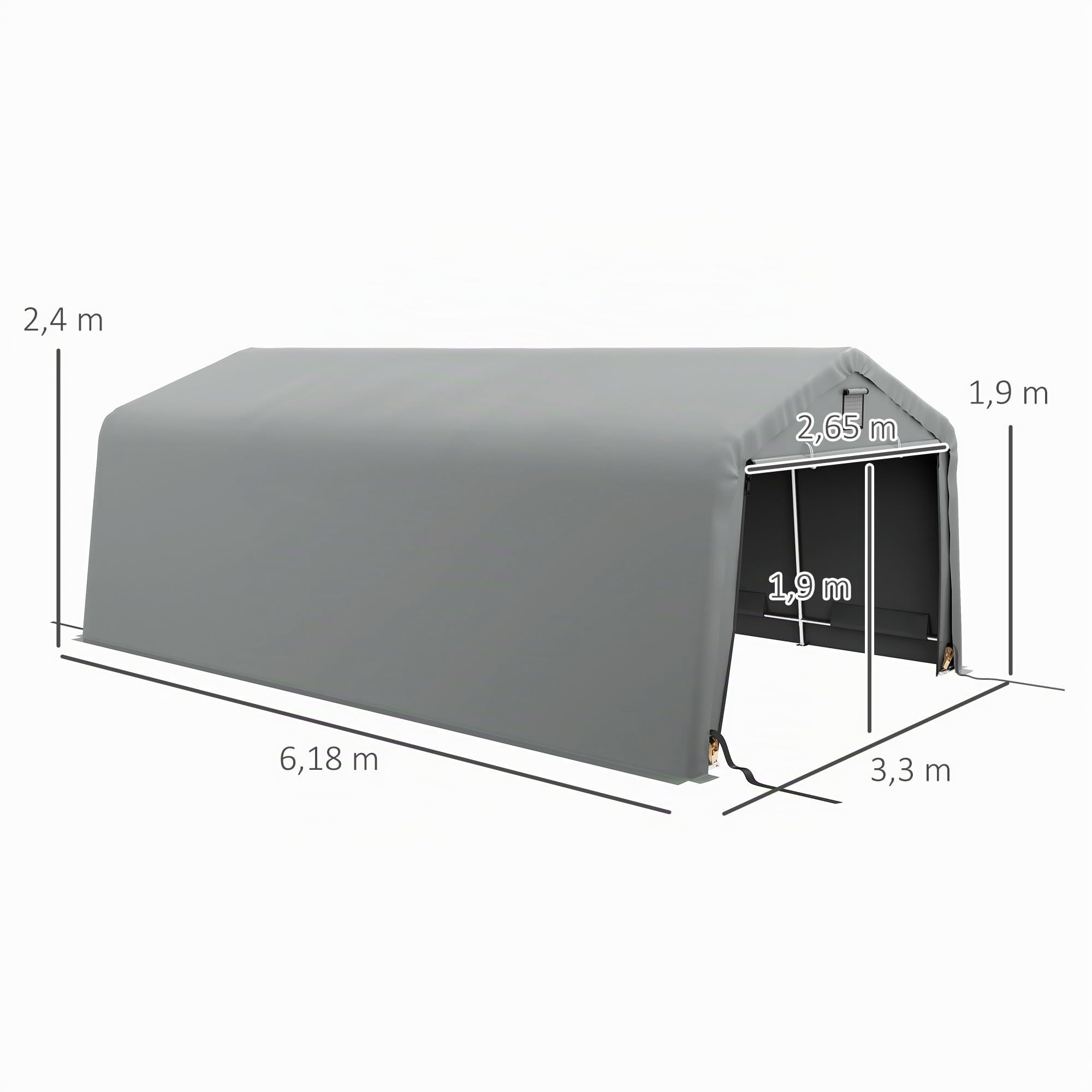 Outsunny Tente Garage carport dim. 6,2L x 3,3l x 2,4H m Acier galvanisé Robuste PE Haute densité 150 g/m² imperméable Anti-UV, 1 Porte Gris Clair et 2 aérations