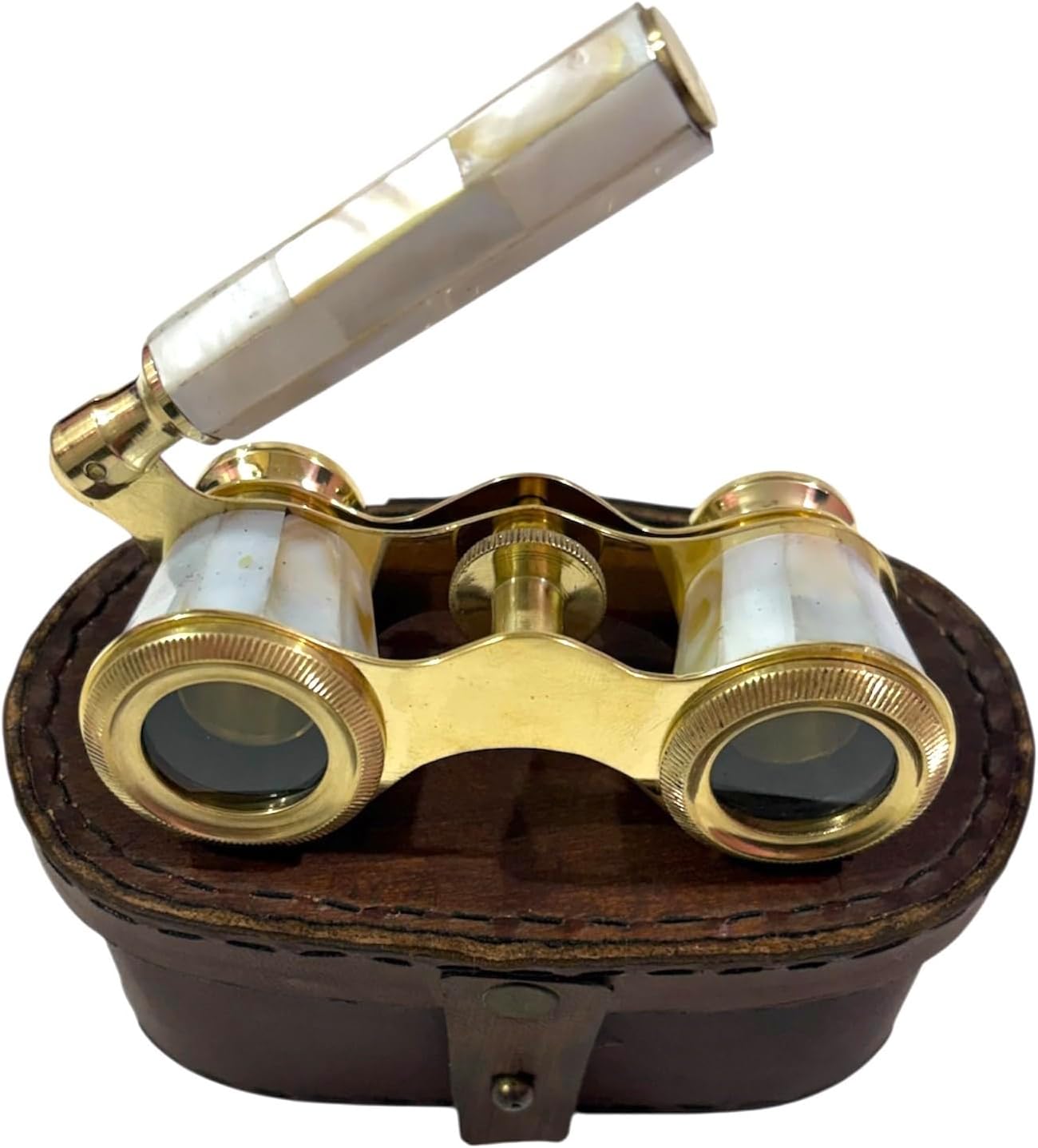 Vintage Opera Glasses with Handle & Leather Case — Brass Theater Binoculars with Mother of Pearl Inlay