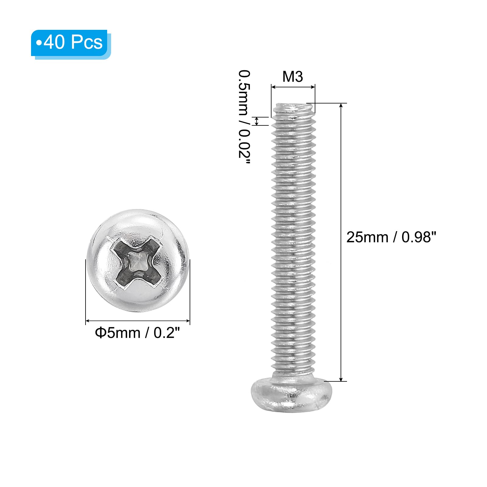 PATIKIL Phillips Pan Head Screws, 40 Pack M3-0.5 x 25mm 304 Stainless Steel 18-8 Full Thread, Pan Head Machine Phillips Drive Screw - Image 2