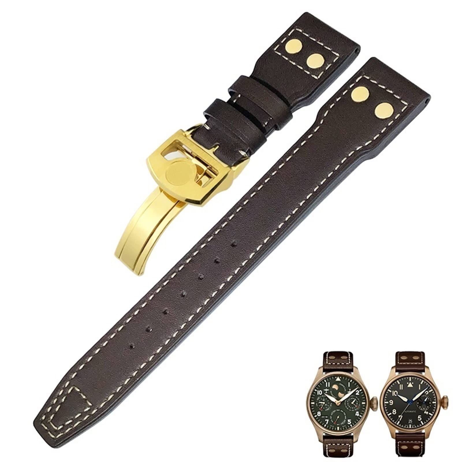 20mm 21mm 22mm Genuine Leather Bronze Rivet Watchband Fit For IWC Big Pilots 18 Watch Strap