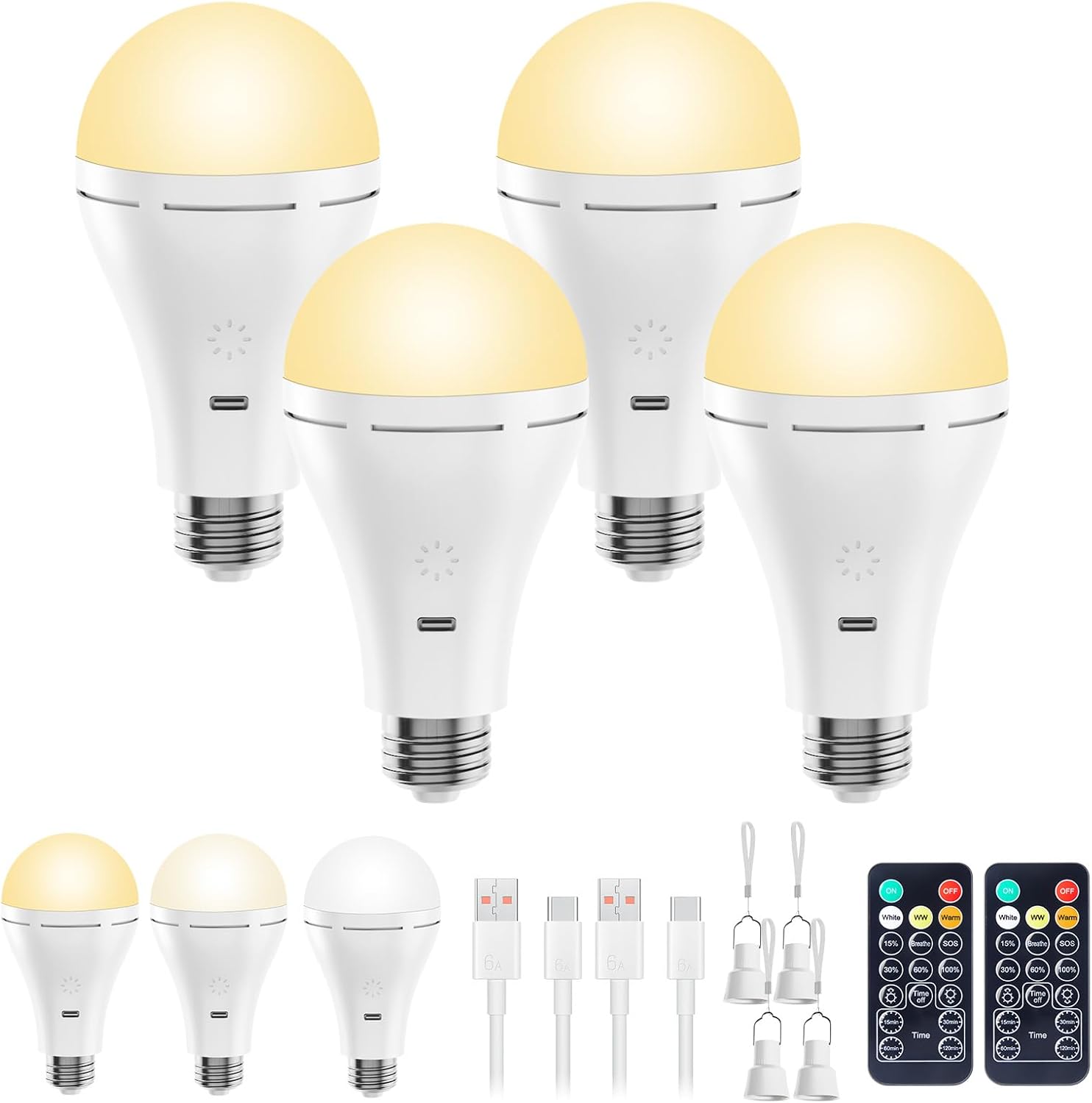 Brightown E26 Rechargeable Light Bulb with Remote and Timer, Battery Backup Bulb for Sconces and Lamps, Hanging LED Light Bulb with Hook for Camping Tent, Dimmable, 3 Color Temperatures, 4 Pack