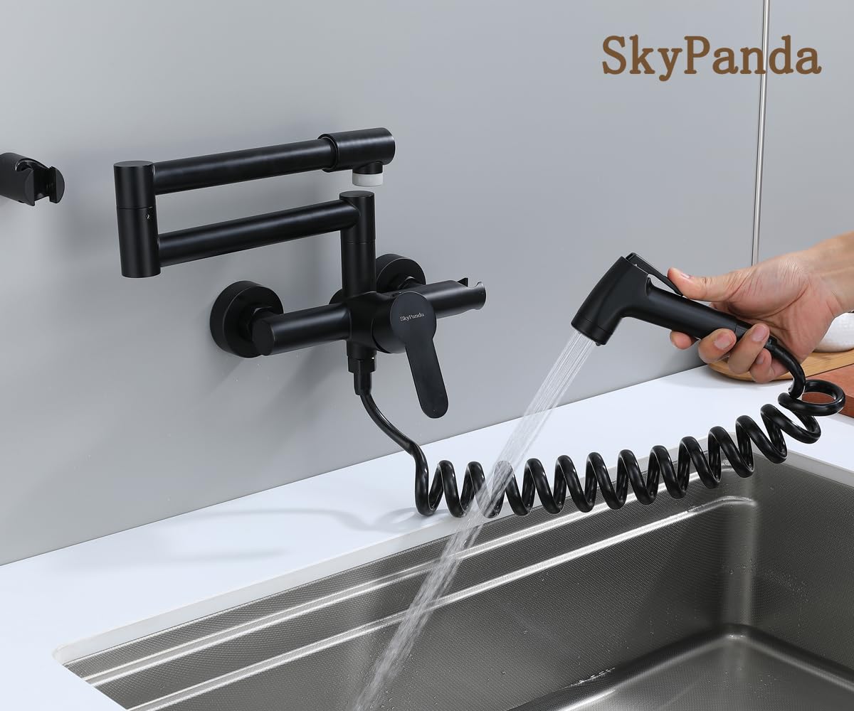 Faltbar Küchenarmatur，Wasserhahn Küche Wandmontage, Spültischarmatur, mit 360° gefaltetem Drehrohr, warm und kalt, multifunktionale Sprühbetriebe, 304 Edelstahl, schwarz