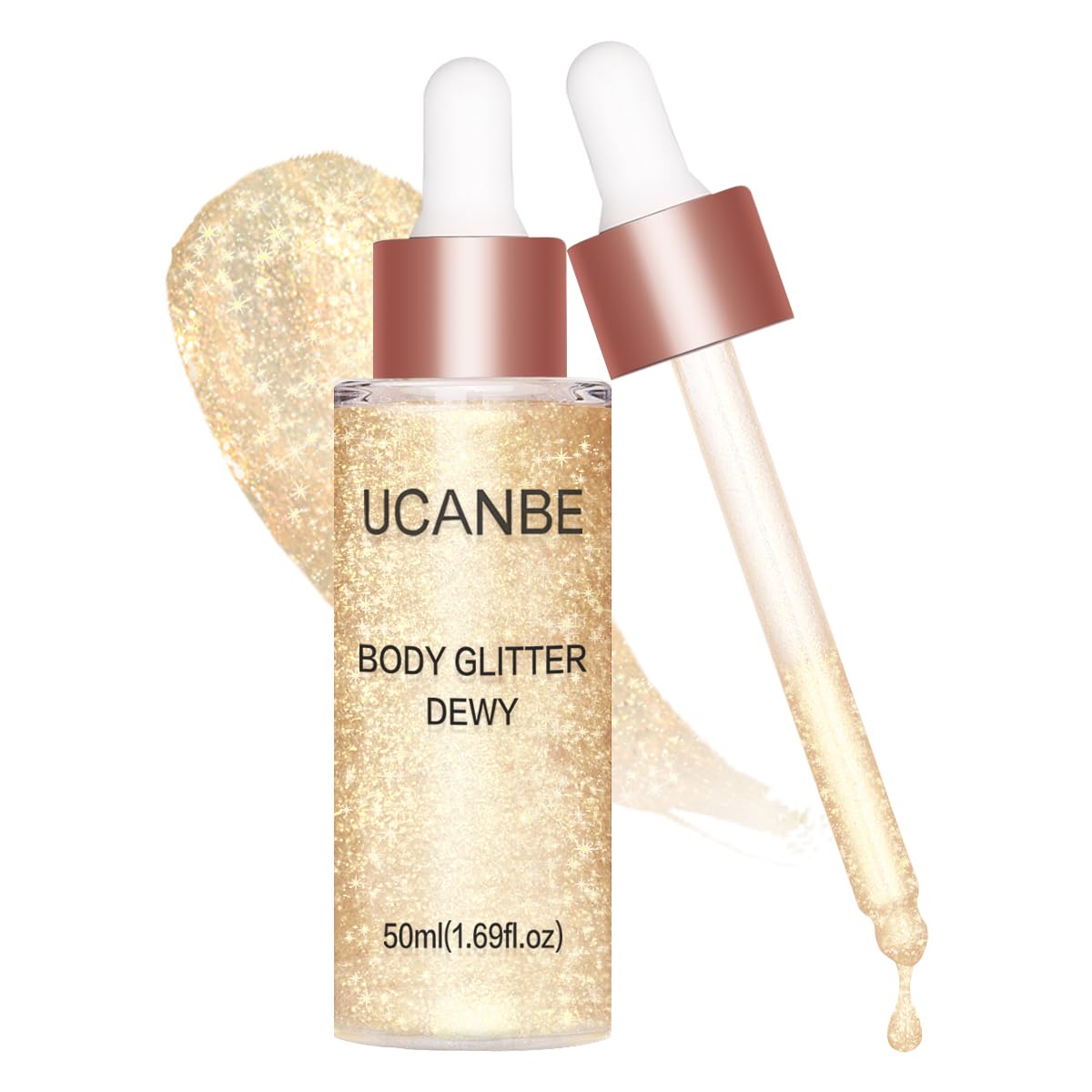 UCANBE Hydrating Body Shimmer Face Glitter Highlighter Makeup Liquid Glow Lotion for Women Holographic Luminizer for Hair for Valentine’s Day Gifts (Champagne Gold – 01)