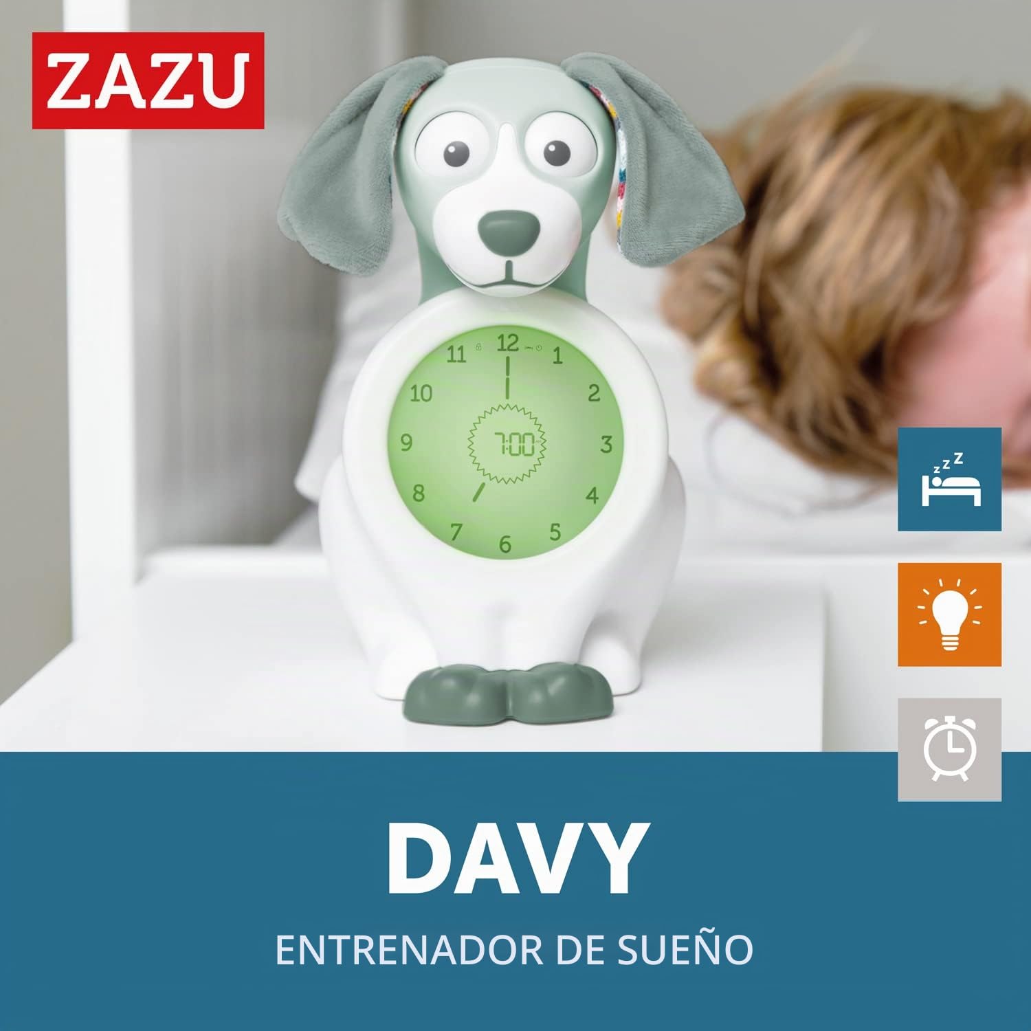 Zazu Kids Davy Dog - Despertador Educativo y Entrenador del sueño para niños, Despertador LED Infantil, sueño Inteligente y Despertar, niñas y niños (Verde)