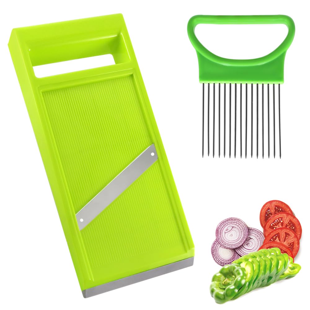 GYSRXS Gemüsehobel mit Edelstahl-Klingen Gurkenhobel mit Zwiebelschneider Halter Vegetable Slicer für Verwendet für Gurken Kartoffeln Karotten,27.5×10.7×1.7CM(Grün)