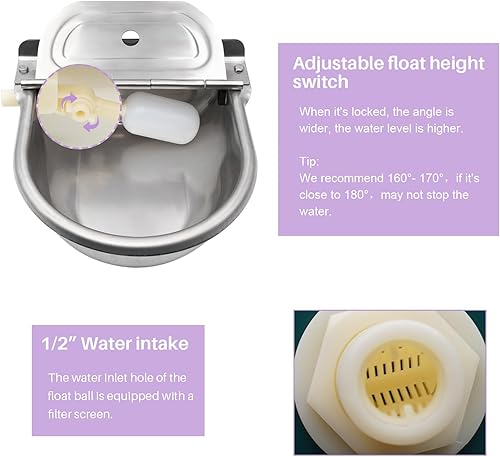 Miniatura 3 de Kits de tazón automático de agua potable de acero inoxidable, dispensador de agua para ganado con 2 válvulas de flotación de agua para cabra,