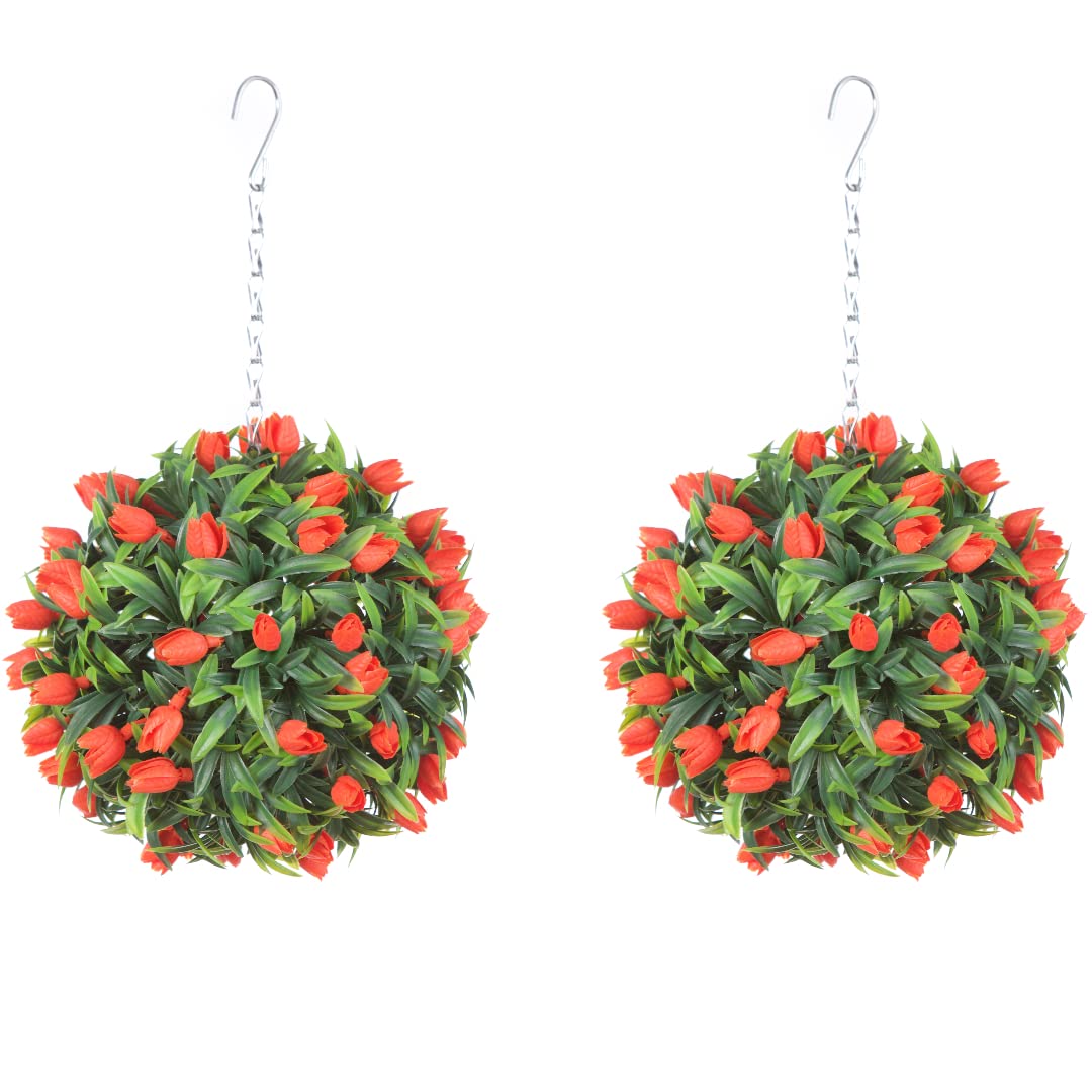 Best Artificial Orange Pair Of Tulip Flower Balls Lush Long Leaf Topiary Grass (24Cm, )