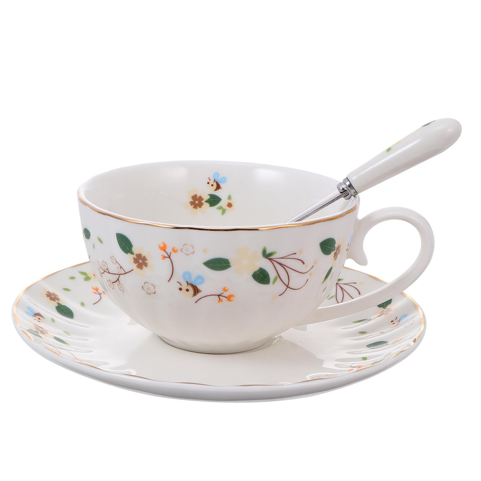 Tazas de café de cerámica para desayunos prolongados con plato y cuchara blancos